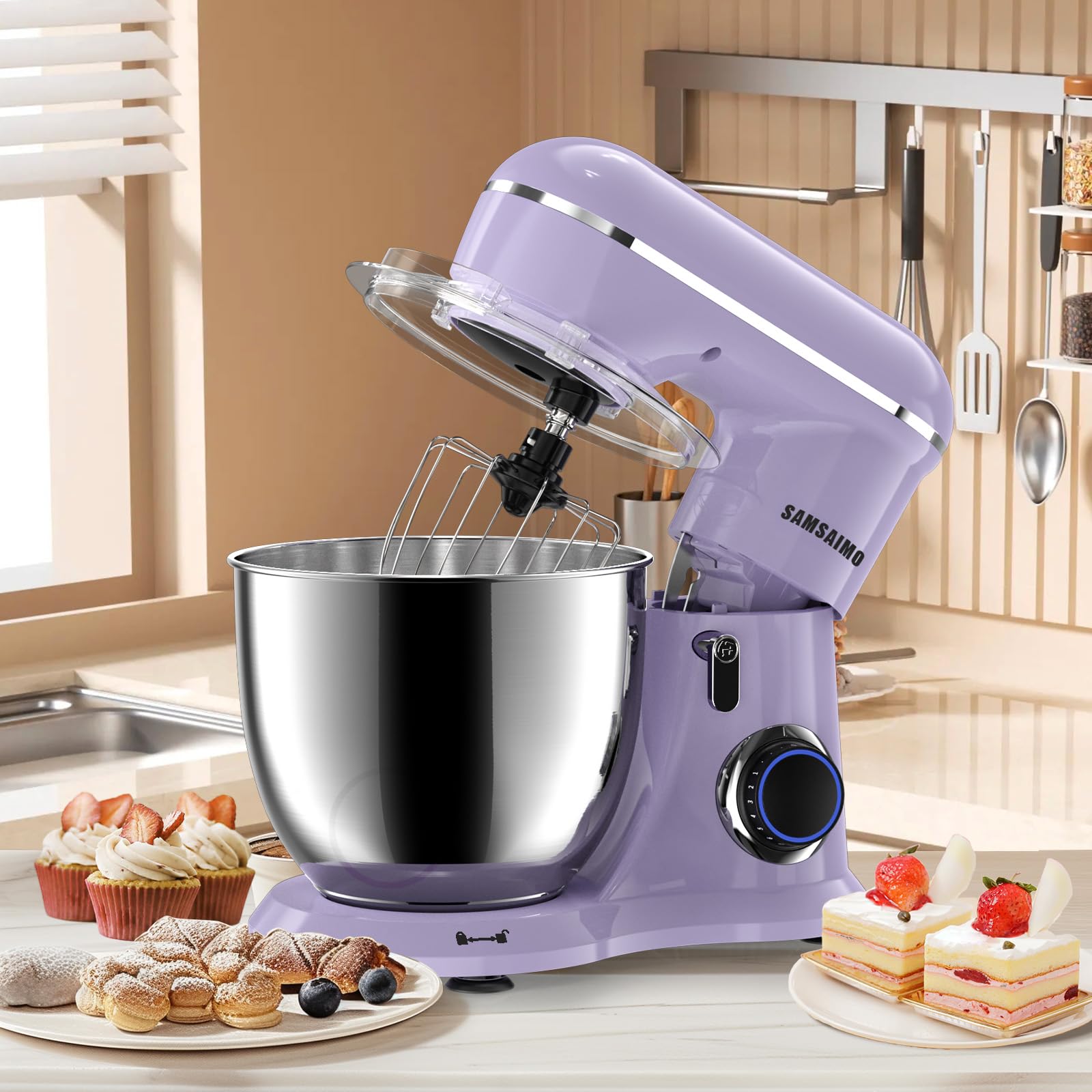 Batidora eléctrica de pie 3 en 1, 660 W, 10 velocidades con botón de pulso, los accesorios incluyen cuenco de 6.5 cuartos de galón, gancho para masa, batidor, batidor para la mayoría de 5