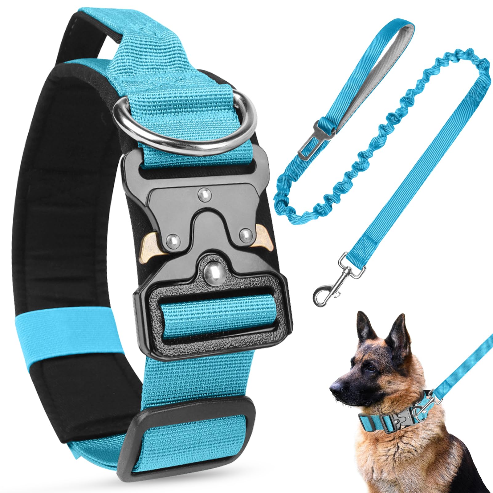AKOFIC Tactical Dog Collar, Heavy Duty Wide Dog Collar with Handle and Soft Padded, Adjustable Comfortable Pet Collar for Small Medium and Large Dogs Training (Blue + Leash, M) — image 1