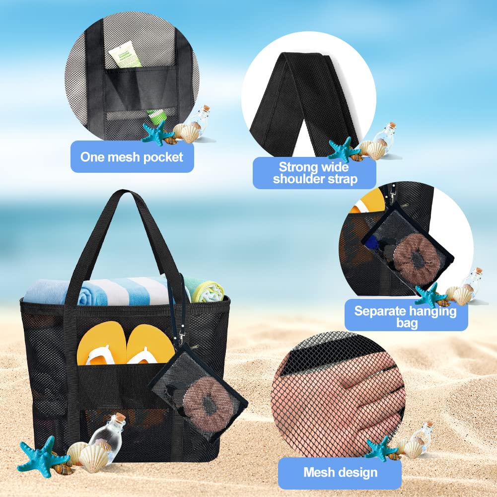 Duża siatkowa torba plażowa, duża torba plażowa damska szeroka torba plażowa z kieszeniami torba plażowa kobieta piknik - wakacje dla kobiet pływanie Zakupy, czarny