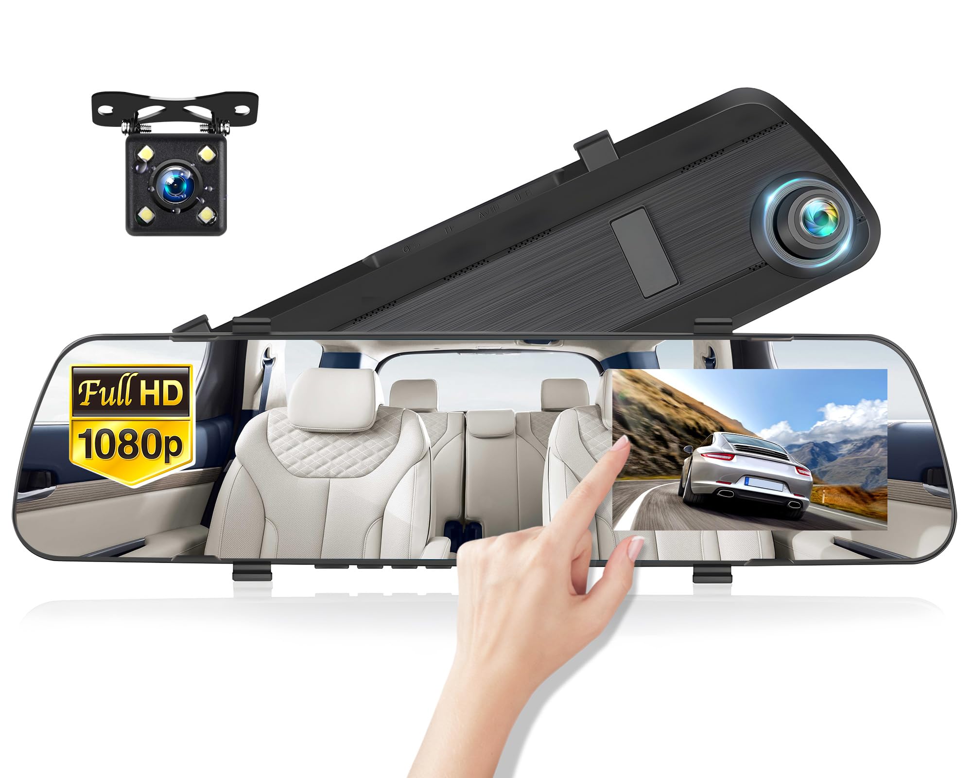 Espejo Dash Cam de 4 pulgadas, espejo retrovisor 1080P cámara frontal y trasera duales, detección de movimiento, súper visión noct