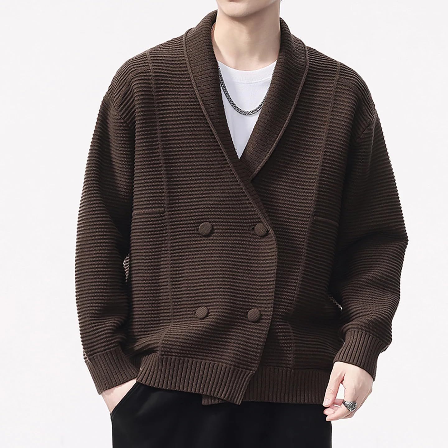 Men's Button Knit Cardigans Streetwear Double Breasted Shawl Neck Sweater Double Breasted Cardigan Sweaters Men