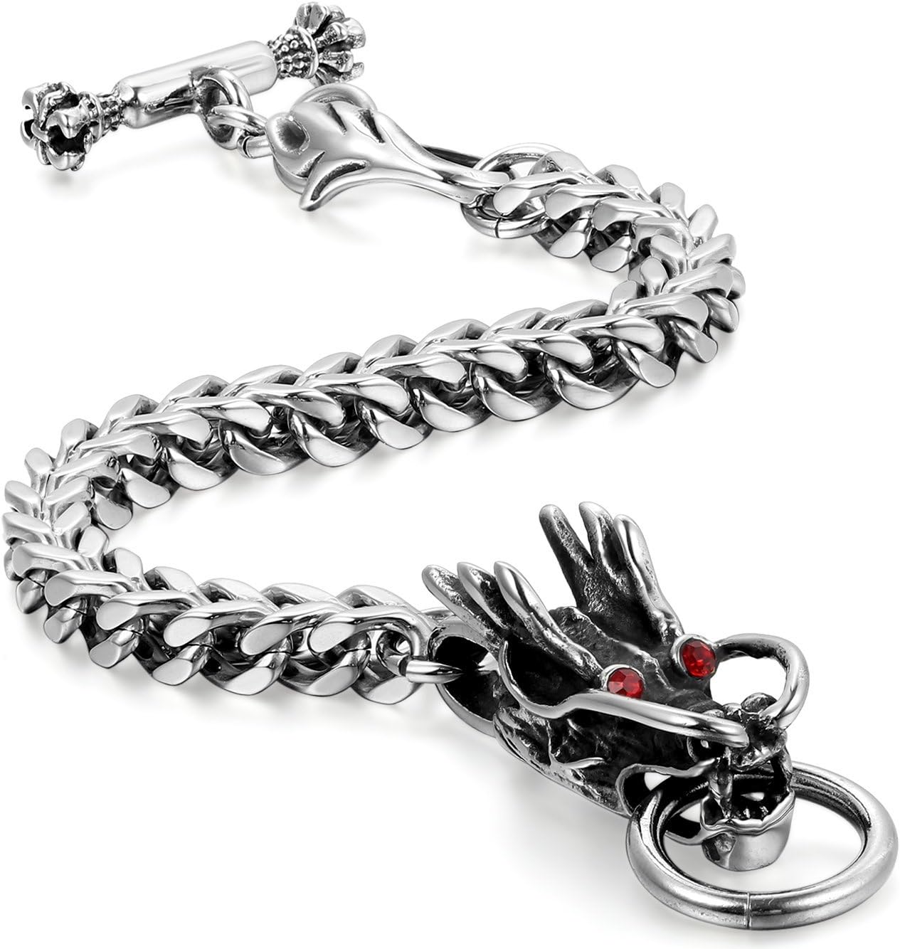 Fashion Punk Accessories, Men's Bracelet, Bangle, Antique Gothic Dragon, Crown, Stainless Steel Bracelet, 8.7 inches (22 cm), Silver, Black, Red, Silver Stainless Steel