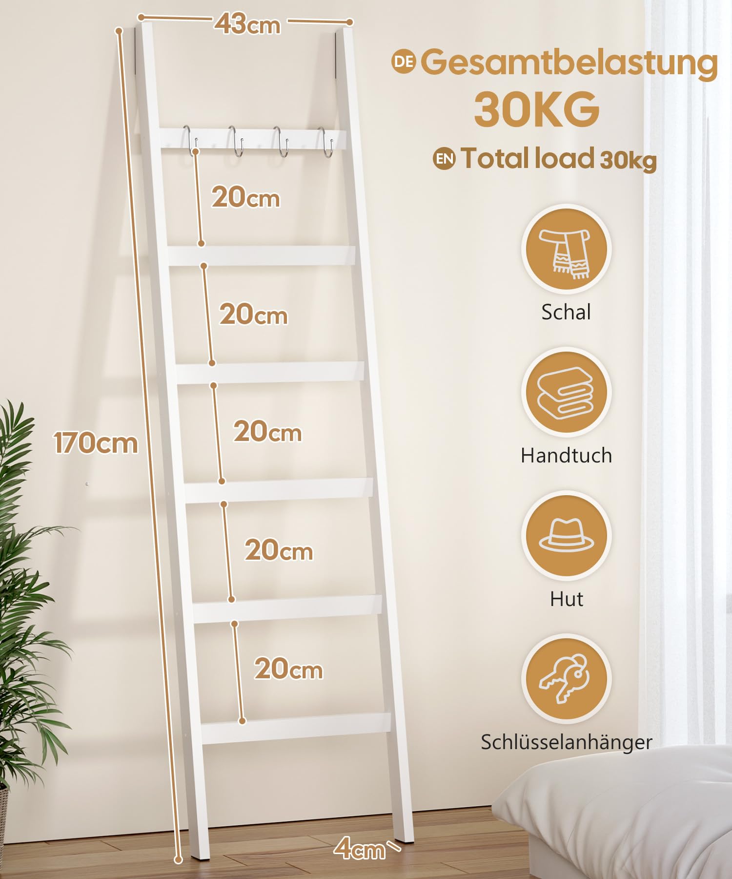 Yorbay Échelle Porte-Serviettes en Bambou à 6 Niveaux, avec 2 Sangles de Sécurité Anti-Chute et 4 Crochets Porte-Serviettes pour Salle de Bain Chambre à Coucher HxB 170 x 43 cm (Blanc)