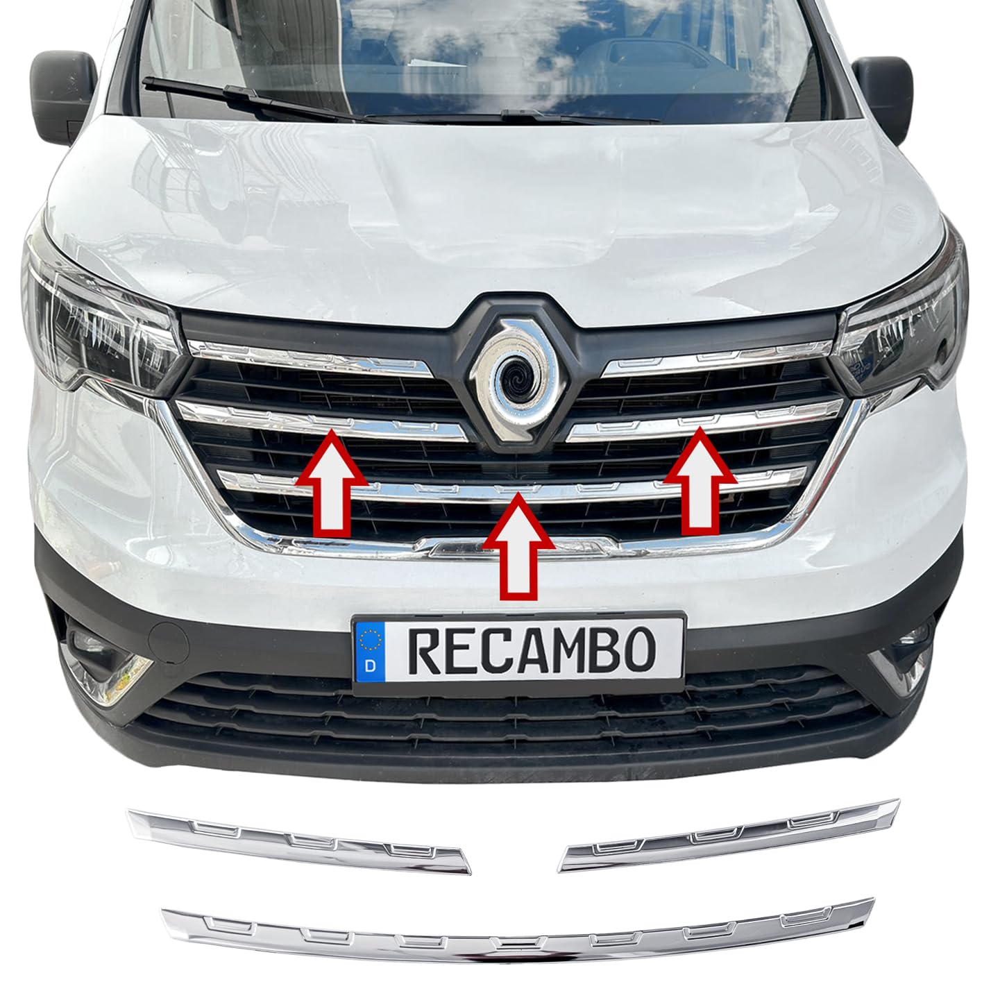 RECAMBO Cadre en acier inoxydable pour calandre avant - Moulure chromée brillante pour la finition optique - Intégration du véhicule sur mesure - Convient pour Renault Trafic | à partir de 2021 |