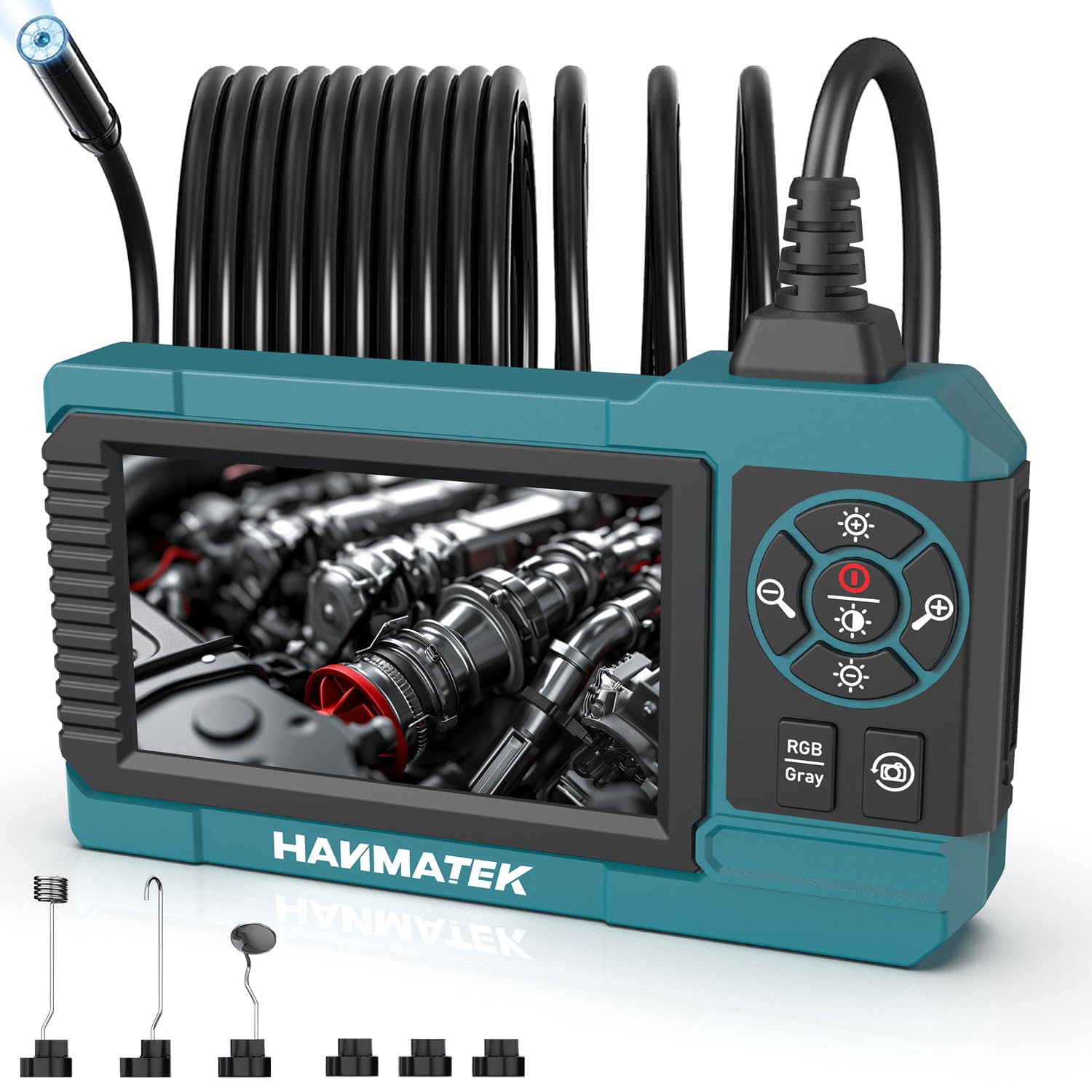 HANMATEK Endoskop przemysłowy, sonda z kamerą endoskopową 8 mm, ekran TFT 4,3 cala 1080P, wodoodporny kabel IP67, 8 regulowanych diod LED, ładowanie USB-C, obrót 180° - IE01