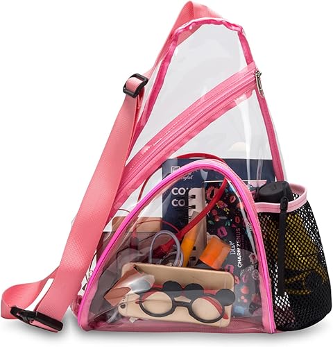 Bolso bandolera transparente mochila cruzada de PVC aprobada por el estadio mochila informal transparente para senderismo viajes conciertos Rosado