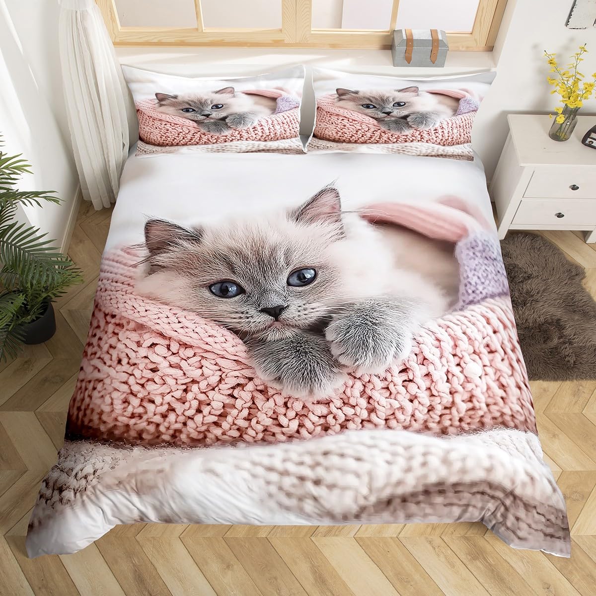 Housse de couette 200x200 chat mignon parure de lit Homewish rose et gris