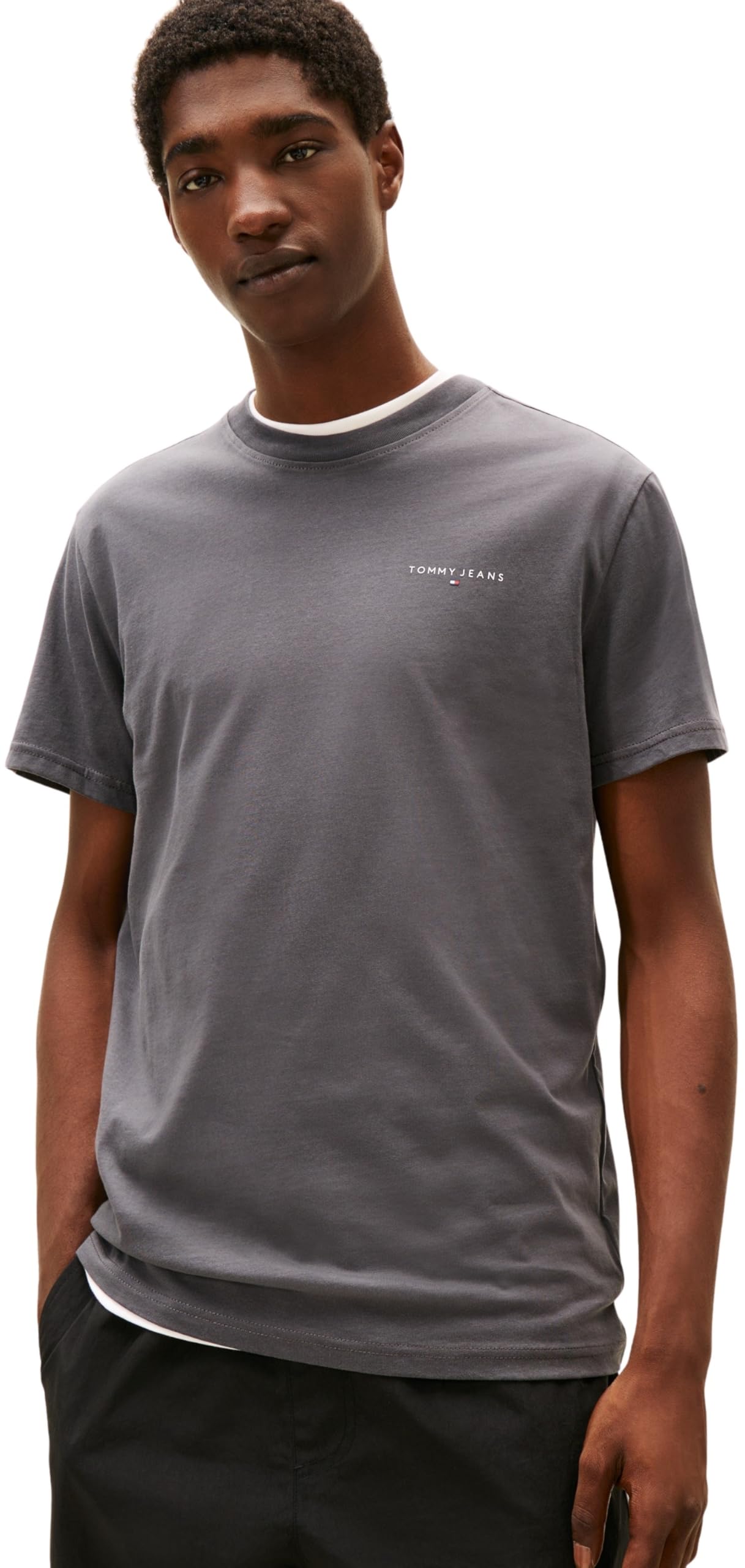 Tommy Jeans Men's TJM Slim Linear Chest TEE EXT DM0DM21780 S/S T-Shirt, Grey (Washed Black), S