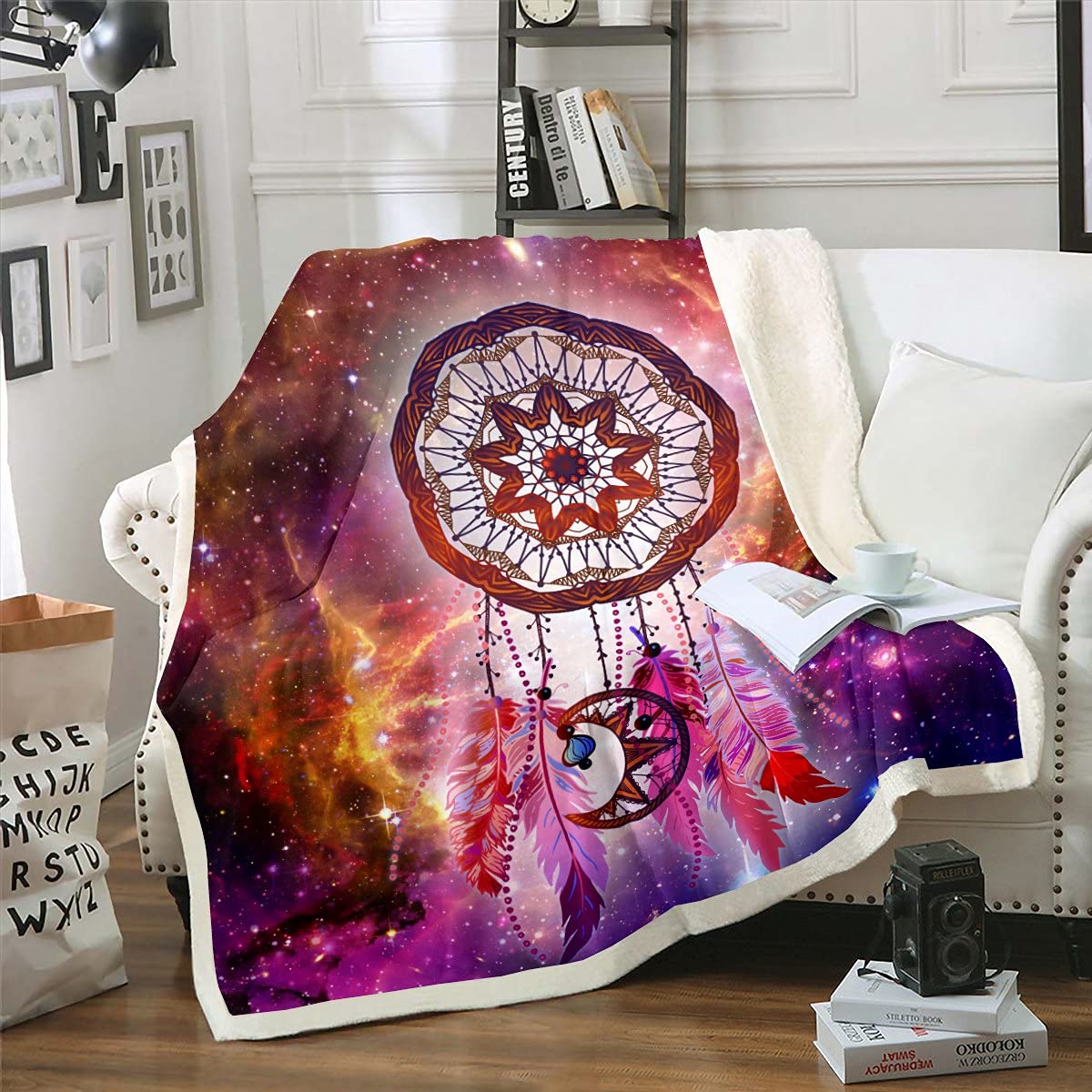 Manta bohemia de sherpa atrapasueños, atrapasueños, manta de forro polar para niños y niñas, manta mullida de plumas indias para sofá cama, tribales, tamaño King de 87 x 94 pulgadas