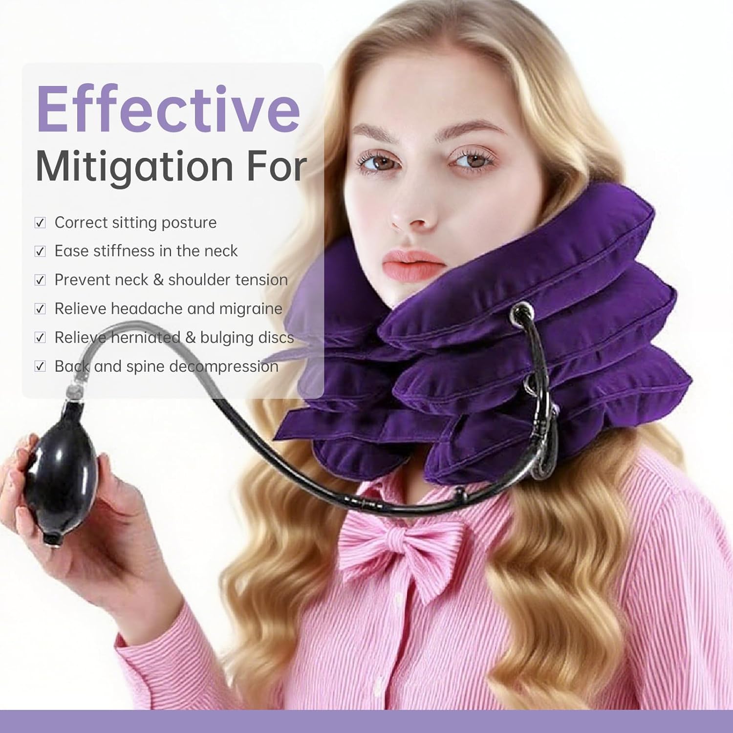 Neck Stretcher Cervical Neck Traction Device Neck Pain Relief Adjustable Purple Inflatable Neck Brace and Cervical Traction, Decompression Home Use - Image 3