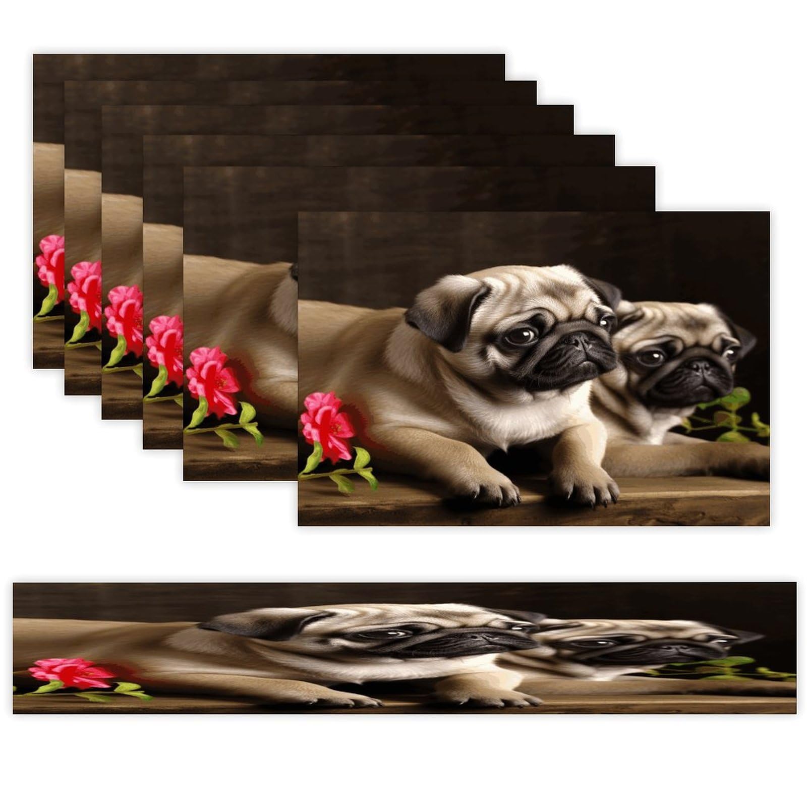 Puppys Pug Table Runner and Placemats Set of 6 for Kitchen Washable Table Mats Heat Resistant Place Mats Non-Slip Place Mat Wipeable Placemat(6 Placemats+1 Table Runner)
