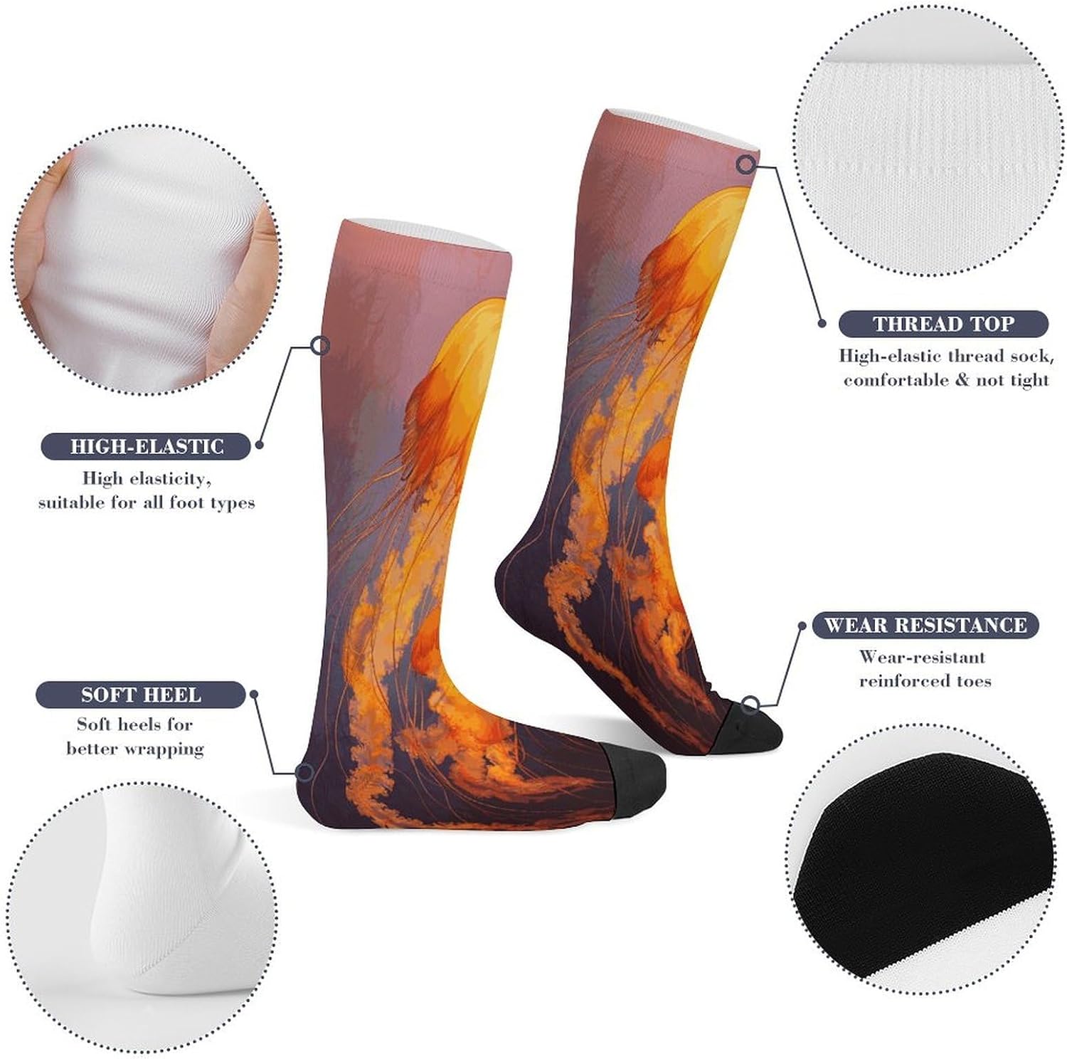 Jellyfish Orange Socks Casual Athletic Long Sock Lightweight Sport Crew Sock Cozy Work Boot Socks for Hiking Sports Running Workout Gym