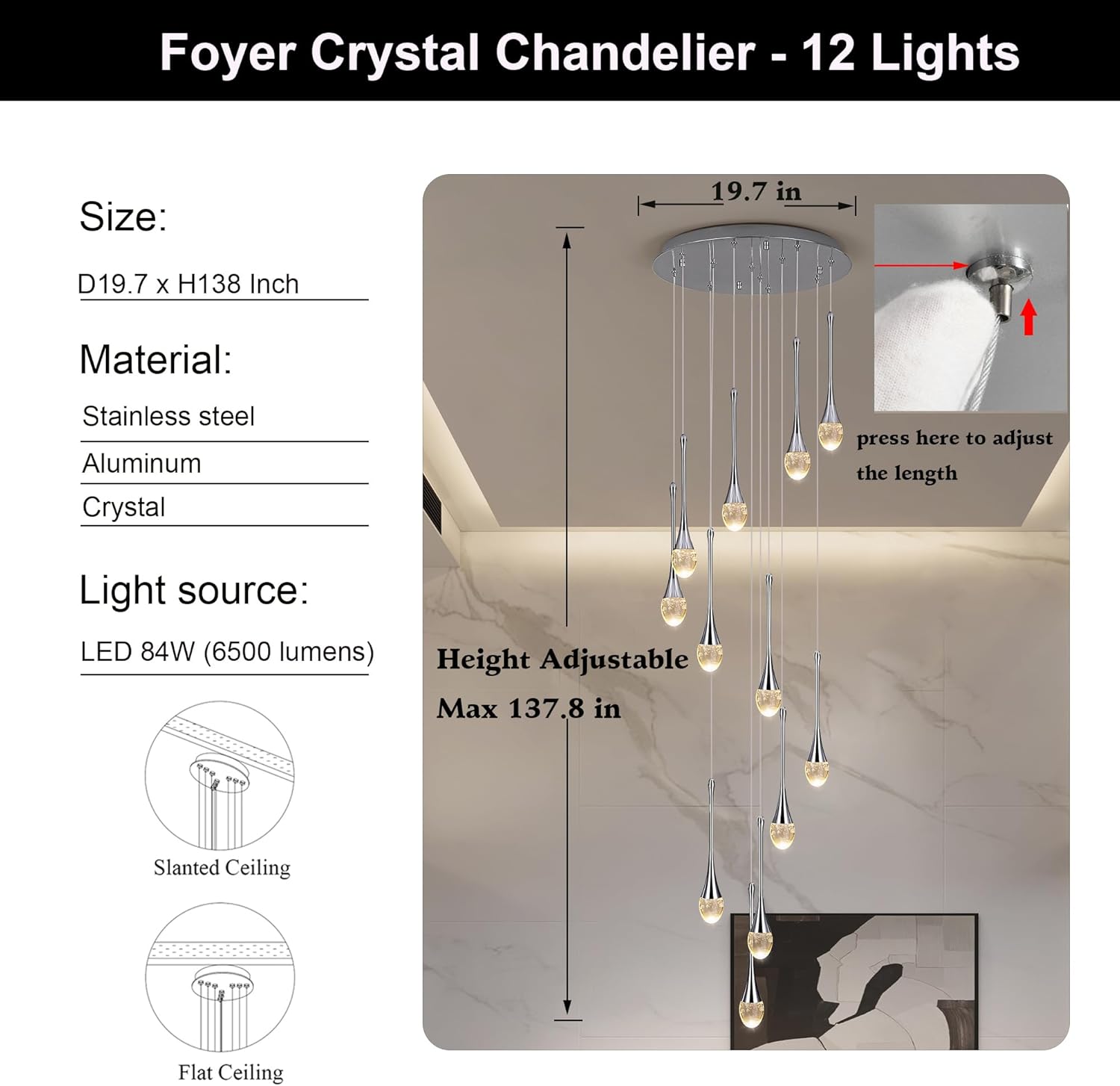 Foyer Crystal Chandelier 12-Lights High Ceiling Large Spiral Raindrop Pendant Lighting,Bubble Staircase Living Room Entryway Hanging Light Fixture Flush Mount W19.7 xH138 Chrome