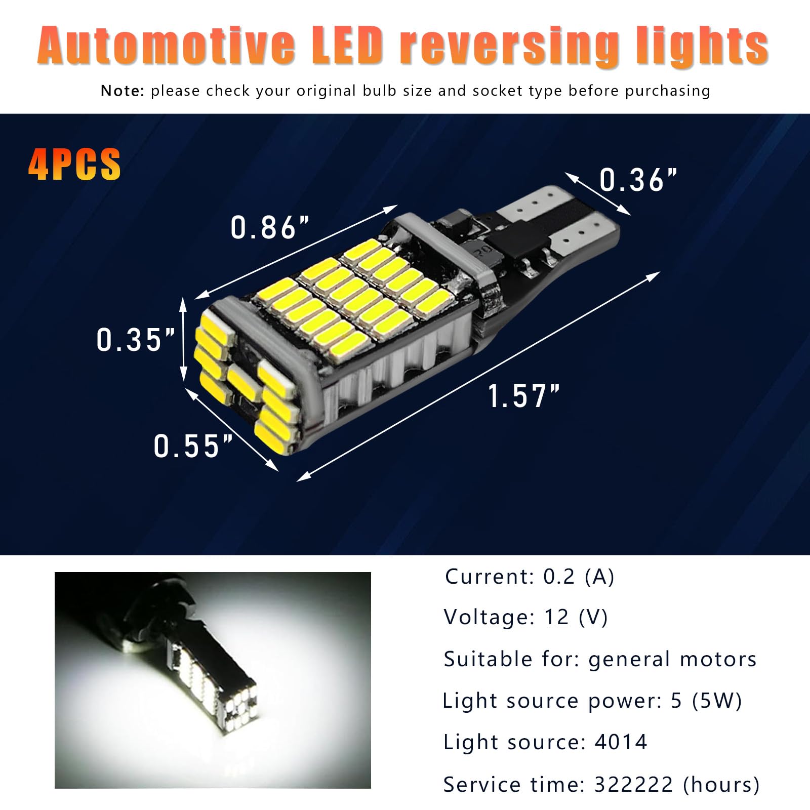 Sylvil 4 PCS LED Reverse Lights, 6500K Super Brightness 45SMD-4014 Chipsets for Turn Signal Bulb, Error Free T15 LED Brake Stop Cargo Backup Lights, Universal Car Accessories (White)