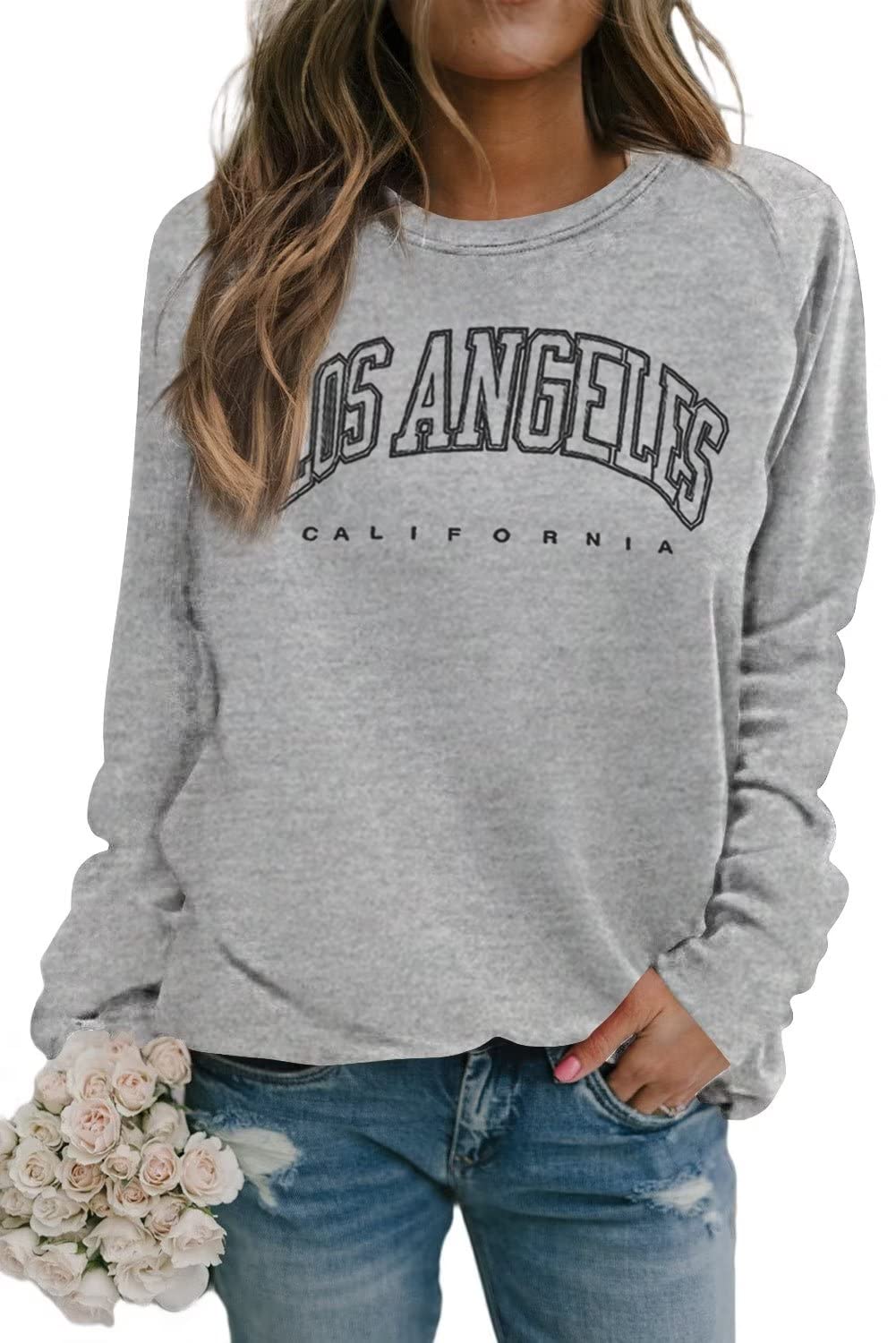 DressmineWomen's Los Angeles Crewneck Sweatshirt Casual Long Sleeve Raglan Shirts Cute Letter Print Pullover Tops