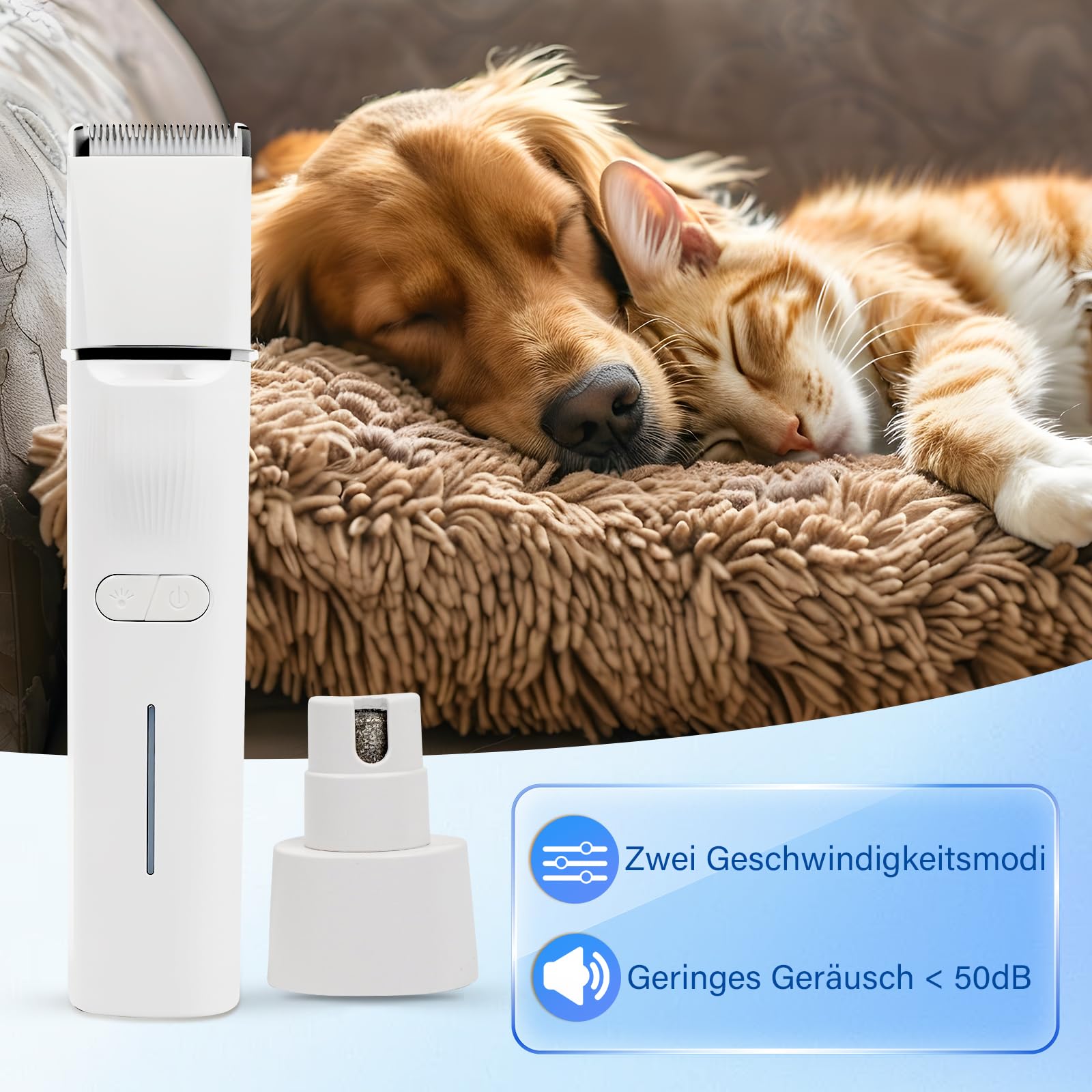 Leise Schermaschine Katze Set, 4 in 1 Haarschneidemaschine Mit LED-Licht, Profi Pfotentrimmer Für Hunde, Für Große Kleine Katzen Hunde, Für Pfoten, Augen, Ohren, Gesicht, Körpe (Weiße)