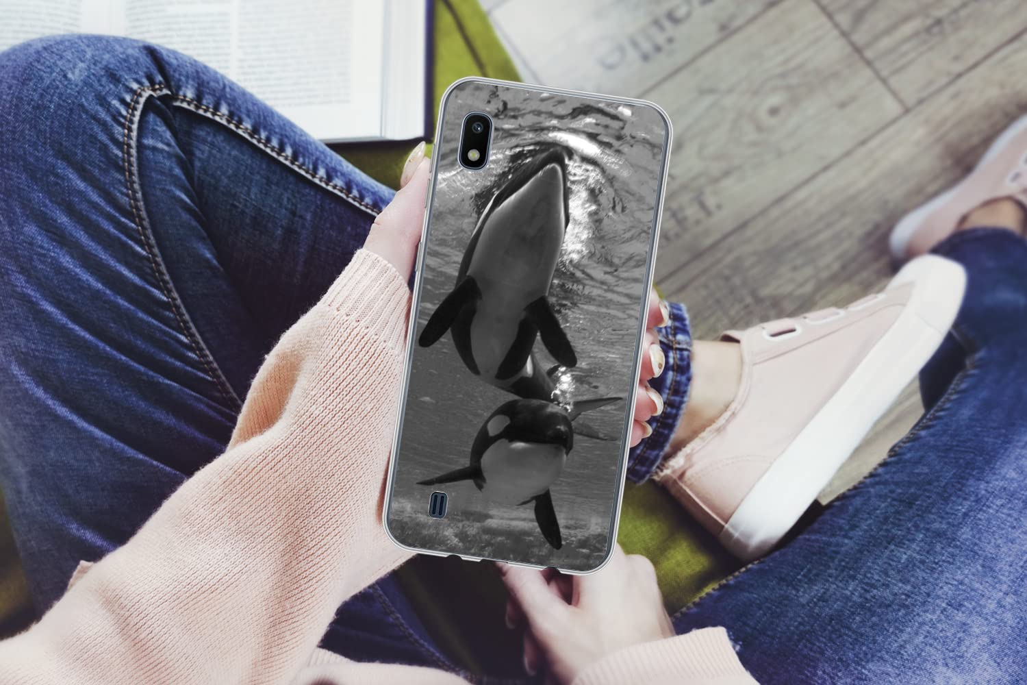 MuchoWow Funda para Samsung Galaxy A10 - Dos orcas bajo el Agua - Blanco y Negro - Funda de Silicona/Funda Blanda para teléfono móvil