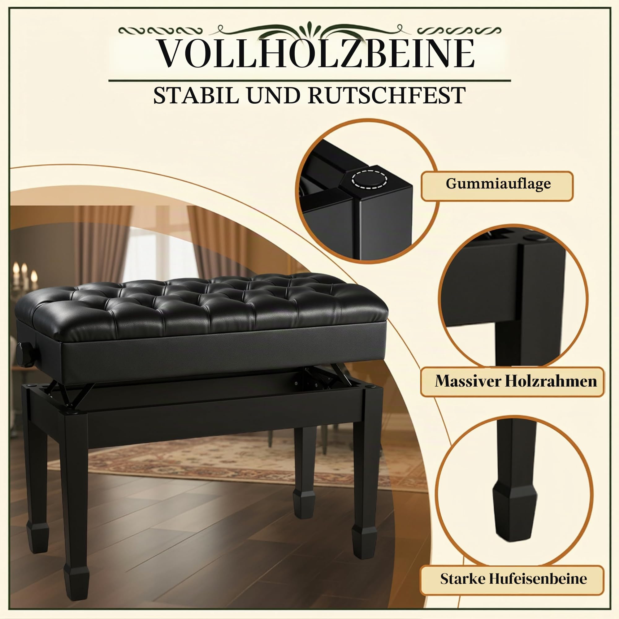 Clevich Doppelte Klavierstuhl höhenverstellbar 50-58 cm, Pianobank mit Stauraum, Klavierbank mit PU Lederkissen, Robuste Klavierhocker aus massivem Holz mit gebogenen Beinen, Bis 200KG, Schwarz