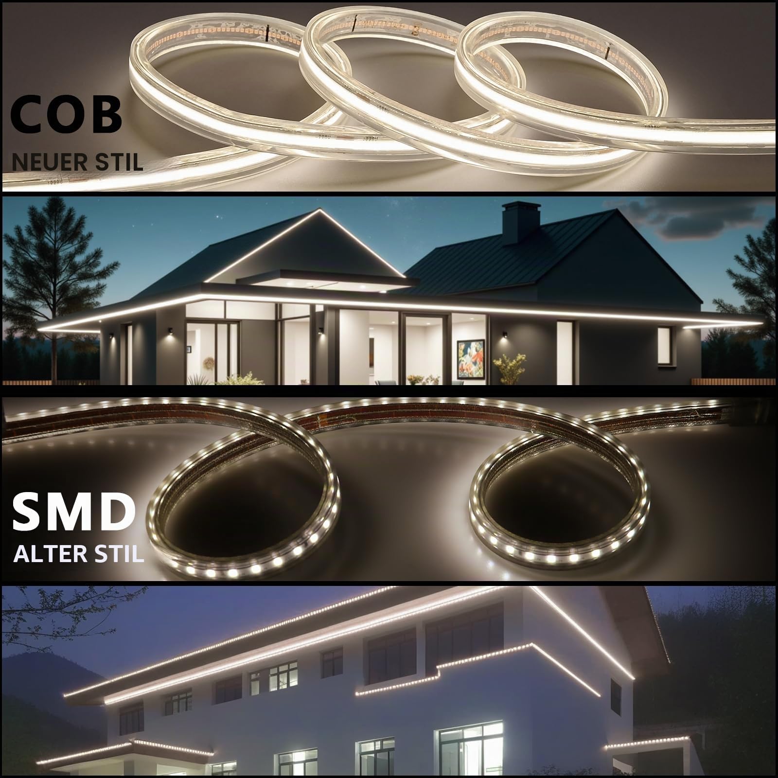 BENLUN AC 230V COB LED Streifen Aussenbereich Transparente Wasserdicht 20m | LED Strip Outdoo 220V IP65 10W/m 480LEDs/m CRI 90+ für Beleuchtung Deko Decke Terrasse hof Garten