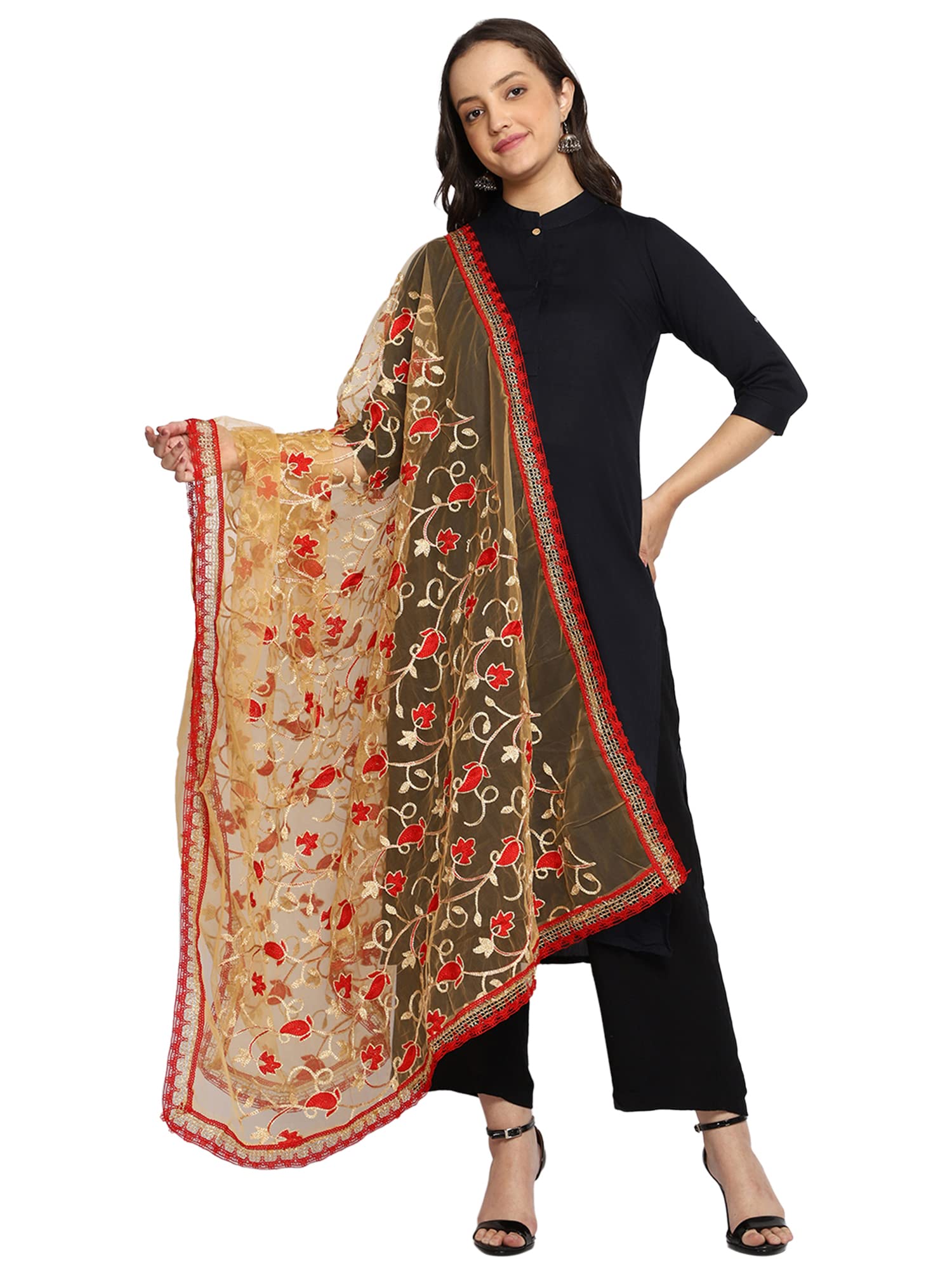 Weavers Villa Women's Net Floral Embroided Red Dupatta, Chunni, 2.25 Mtrs