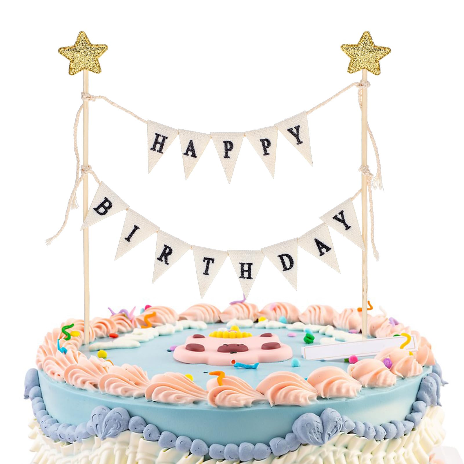 Happy Birthday Cake Topper Flag Banner, Personalized Handmade Pennant Garland Star Birthday Cake Bunting Toppers Flag Sign Decoration for Party Decorations Supplies