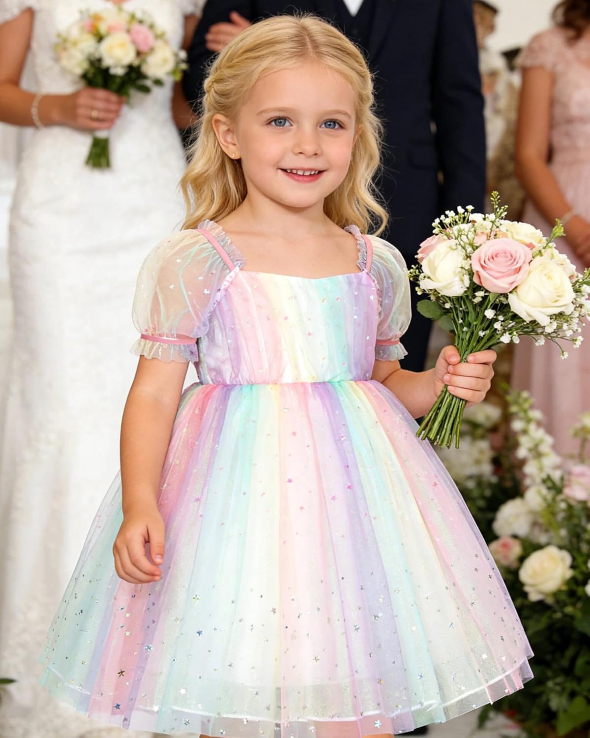 Toddler Girl Tulle Dress Baby Dresses Short Sleeve Smocked Sequin Tutu Birthday Party Formal Casual 1-5T