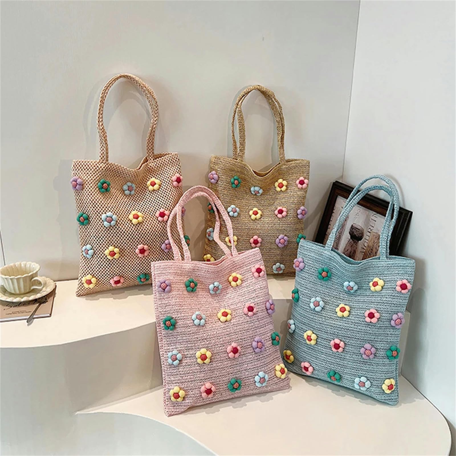 Strohtasche Süße Blumenhandtasche Für Frauen Tasche Tasche Sommer Beach Shopping Top Griff Tasche Geldtasche Handtasche-beige