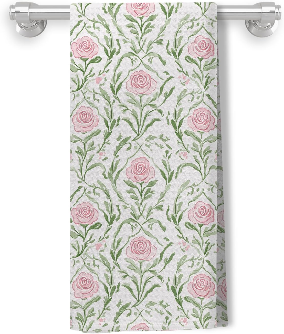 Grandmillennial Pink and Green Floral Kitchen Dish Towels, Pastel Pink Rose Flower Decorative Hand Towels for Bathroom Kitchen, Grand Millenial Bathroom Decor, 16x24 Inch