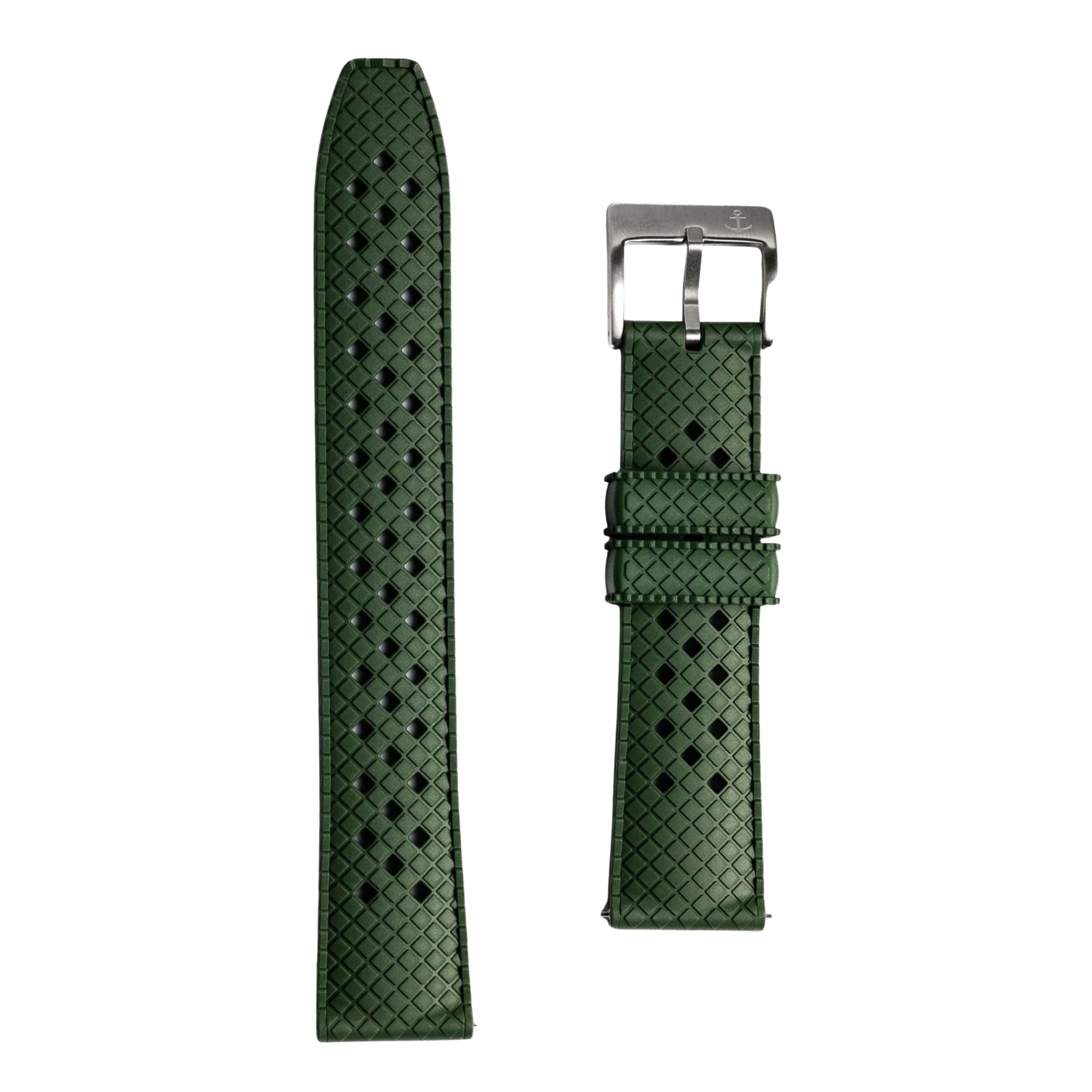 Anchor Strap Co | 22mm Standard AnchorFlex Heritage Watch Strap | Seaweed Green | FKM Rubber Crosshatch Texture | Brushed 316L Stainless Buckle | Waterproof & Slim Tapered Fit | 6.25–8.25in Wrists