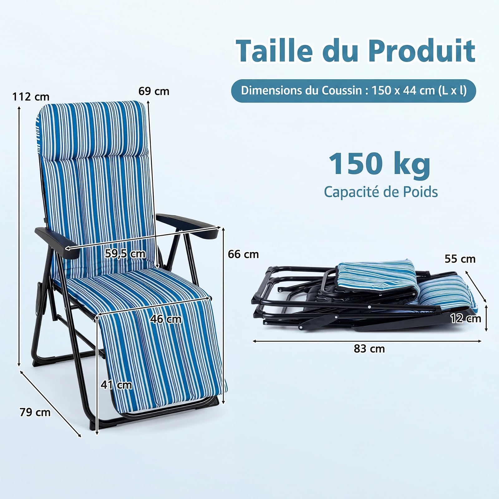 COSTWAY Chaise Longue Pliante Jardin, Bain de Soleil Pliable, Dossier Réglable 6 Positions, Coussin Rembourré, Accoudoirs, Patins Antidérapants, Transat pour Camping Piscine, Charge 150 kg