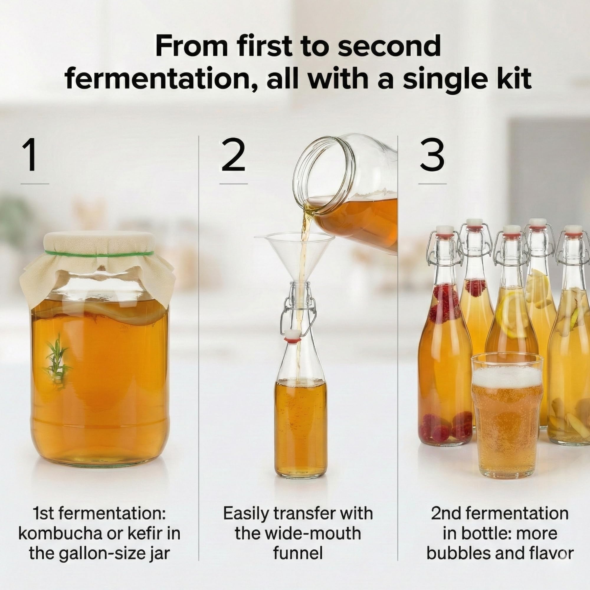 myFERMENTS Zestaw startowy do kefiru i kombuchy – zestaw fermentacyjny do domowych napojów probiotycznych – zawiera duży szklany słoik o pojemności 4 l z pokrywką, 6 butelek 750 ml z hermetyczną