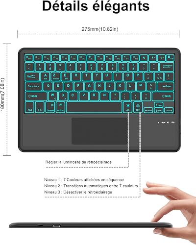FOGARI Clavier Tablette Bluetooth 12" - AZERTY Français avec Rétroéclairage Pavé Tactile Clavier Léger Fin Keyboard pour iPad Samsung Galaxy Redmi/XiaomiPad HuaweiPad HonorPad,FireHD,Noir - 4