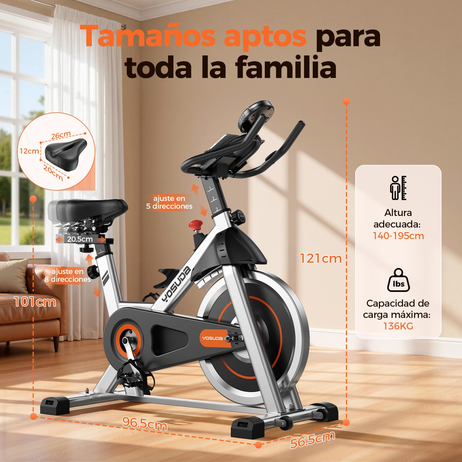 YOSUDA Bicicleta Estática con Resistencia Magnética Silenciosa, Bicicleta de Spinning con Monitor de LCD y Pulsómetro, Soporte para Tablet, App Exclusiva, Carga Máxima 136 kg (Silber)