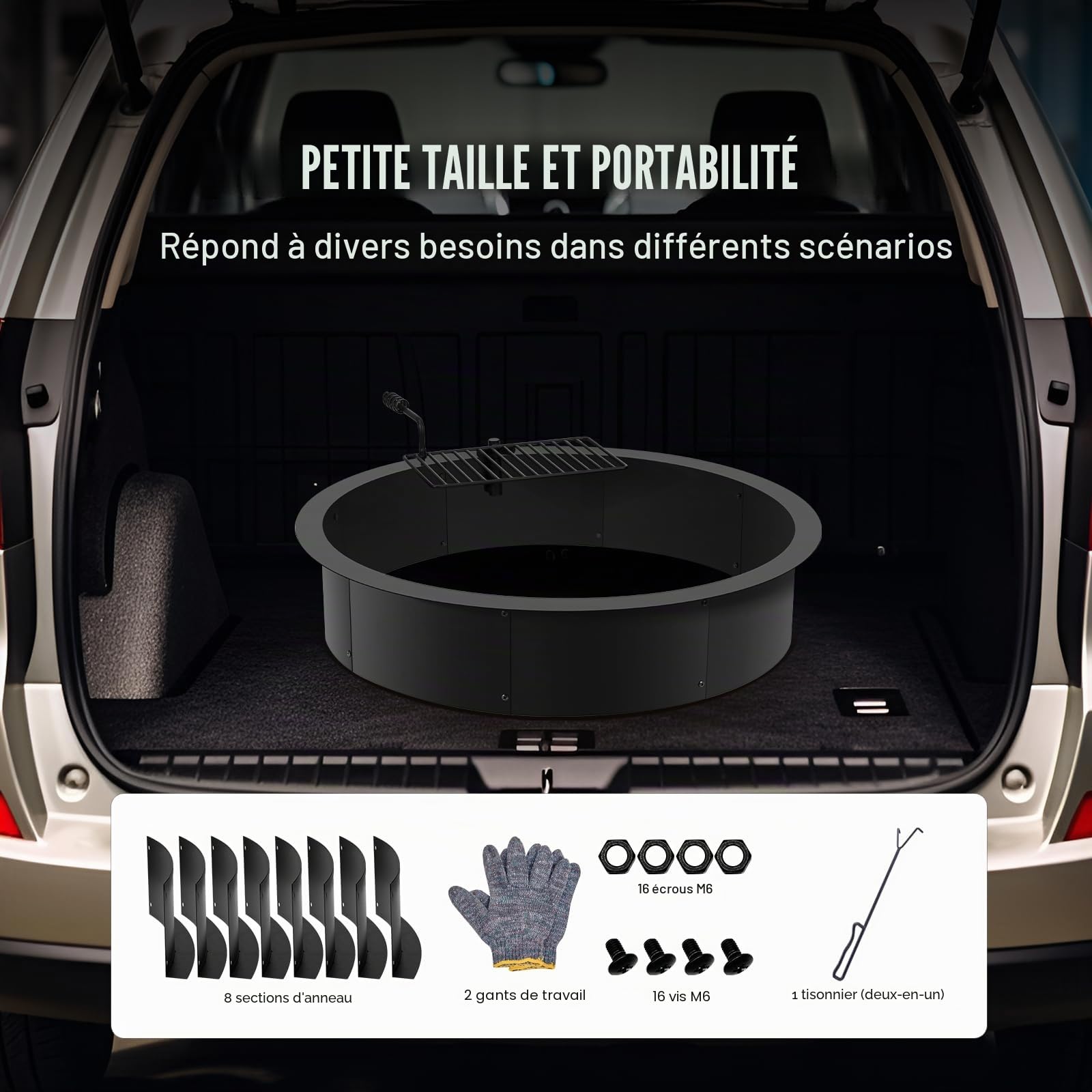 VEVOR Anneau de foyer avec gril de barbecue, diamètre extérieur 1016 mm diamètre intérieur 914,4 mm hauteur 215,9 mm, doublure en acier au carbone, anneau de feu de camp au-dessus ou sol, pour camping