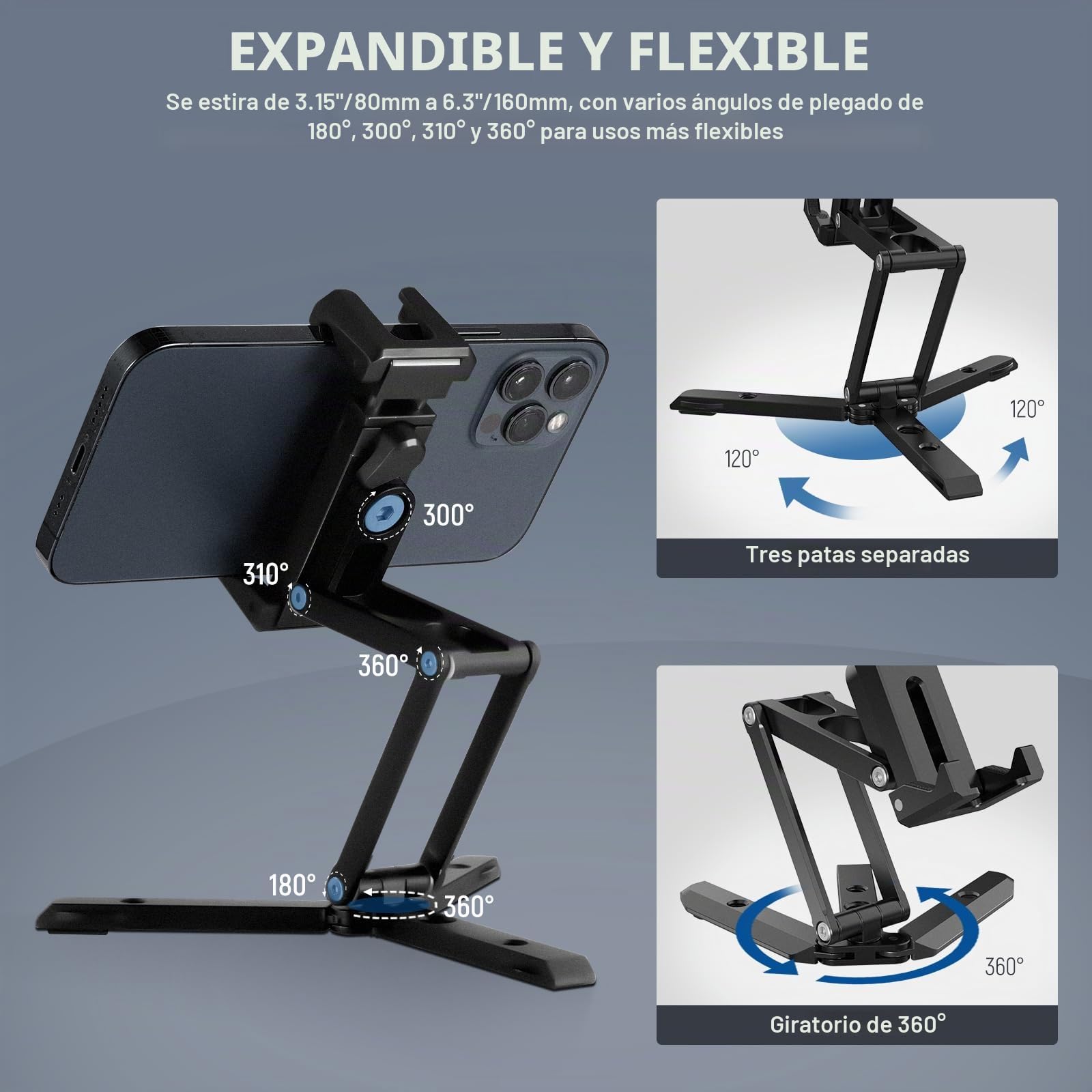 NEEWER Soporte de trípode para teléfono con Zapatas frías y Agujeros de 1/4 Pulgadas y 3/8 Pulgadas, trípode de Escritorio de Metal multiángulo y Altura Ajustable con 3 Patas divididas, Agarre de
