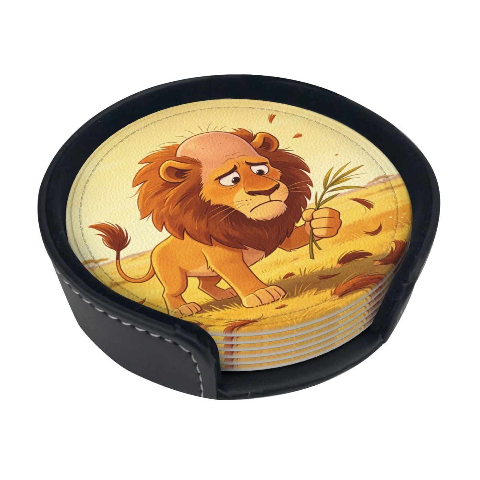 Bald Lion Leather Coasters-Set of 6 with Storage Holder