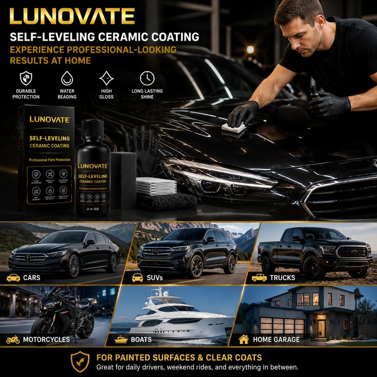 LUNOVATE SmartFlow Matrix™ Self-Leveling Ceramic Coating, 70ml, Professional Nano Ceramic Paint Protection for Cars, Ultra Hydrophobic High Gloss Finish