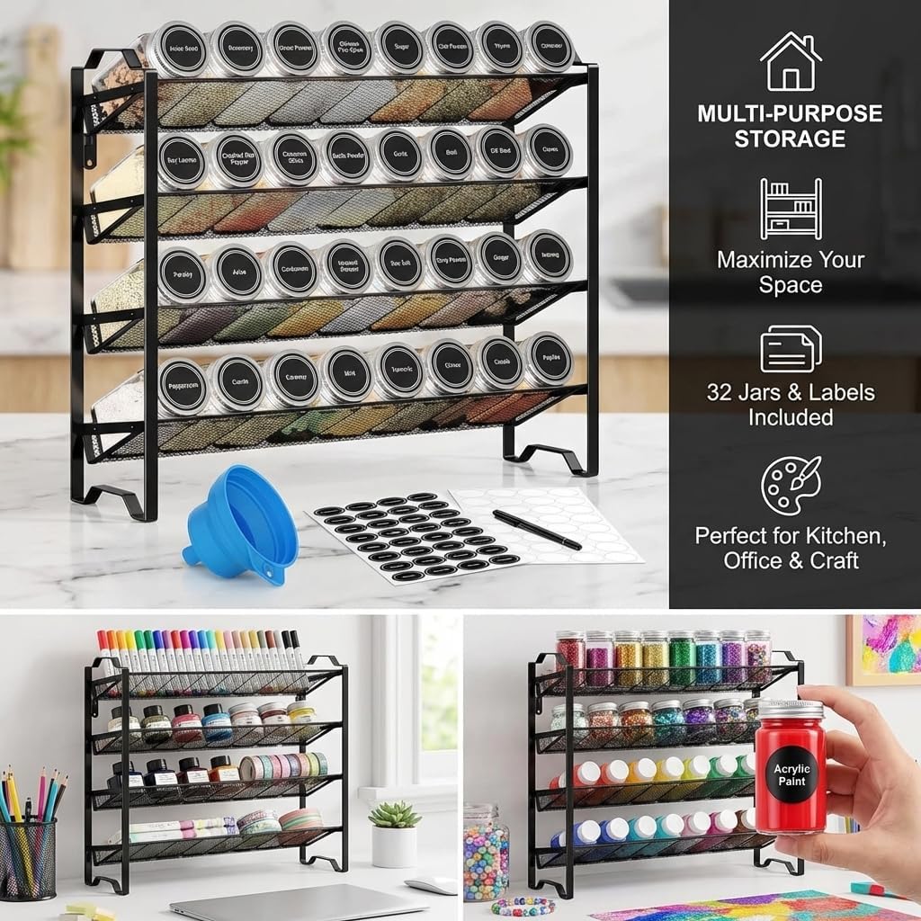 Simple Trending Spice Rack Organizer with 32 Empty Spice Jars, 64 Spice Labels, Chalk Marker and Funnel Set for Cabinet, Countertop, Kitchen, Pantry or Wall Mount, Black