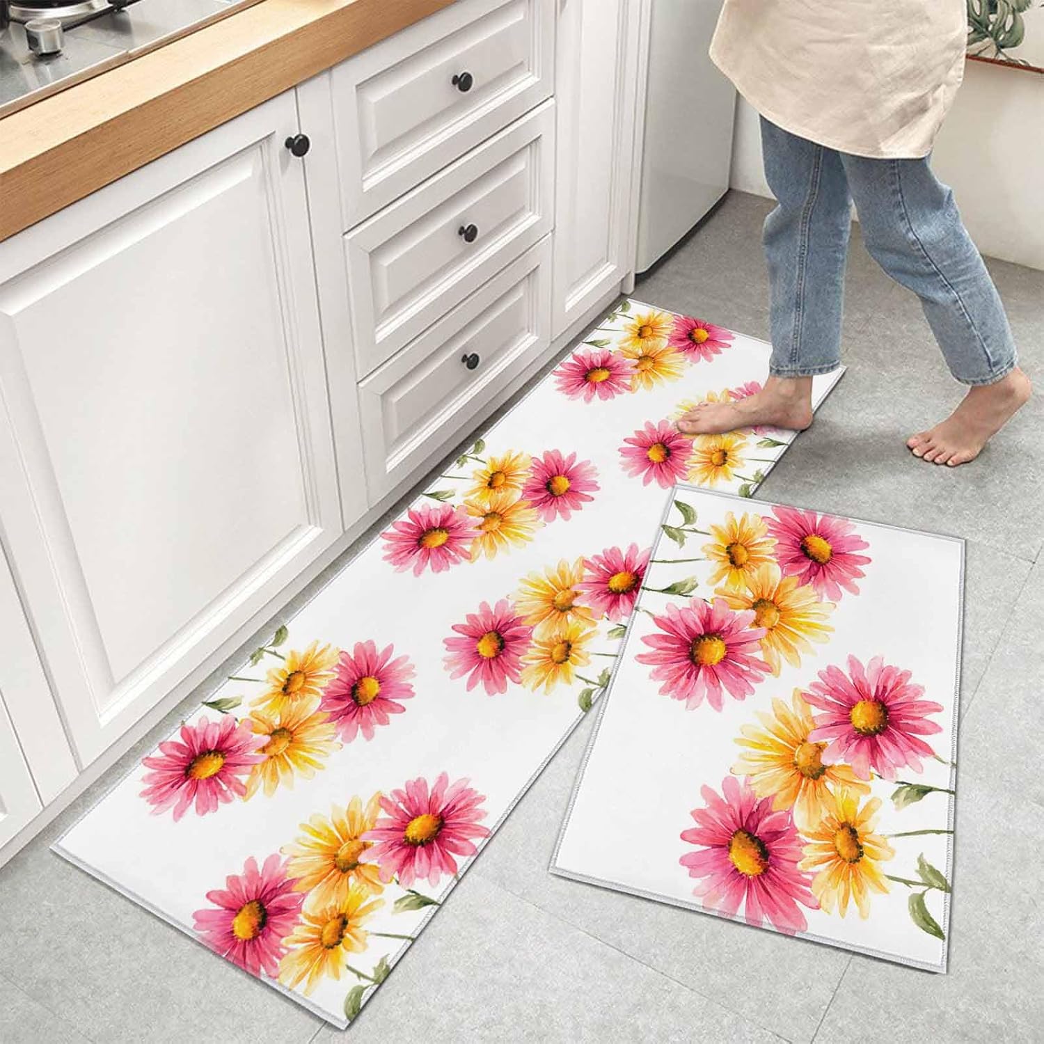 Kitchen Mats for Floor Watercolor Yellow Pink Daisy Washable Non Slip Kitchen Rugs 2PCS, Country Floral Art Absorbent Standing Mats for Sink Bathroom Office Living Room 15.7x23.6in+15.7x47.2in