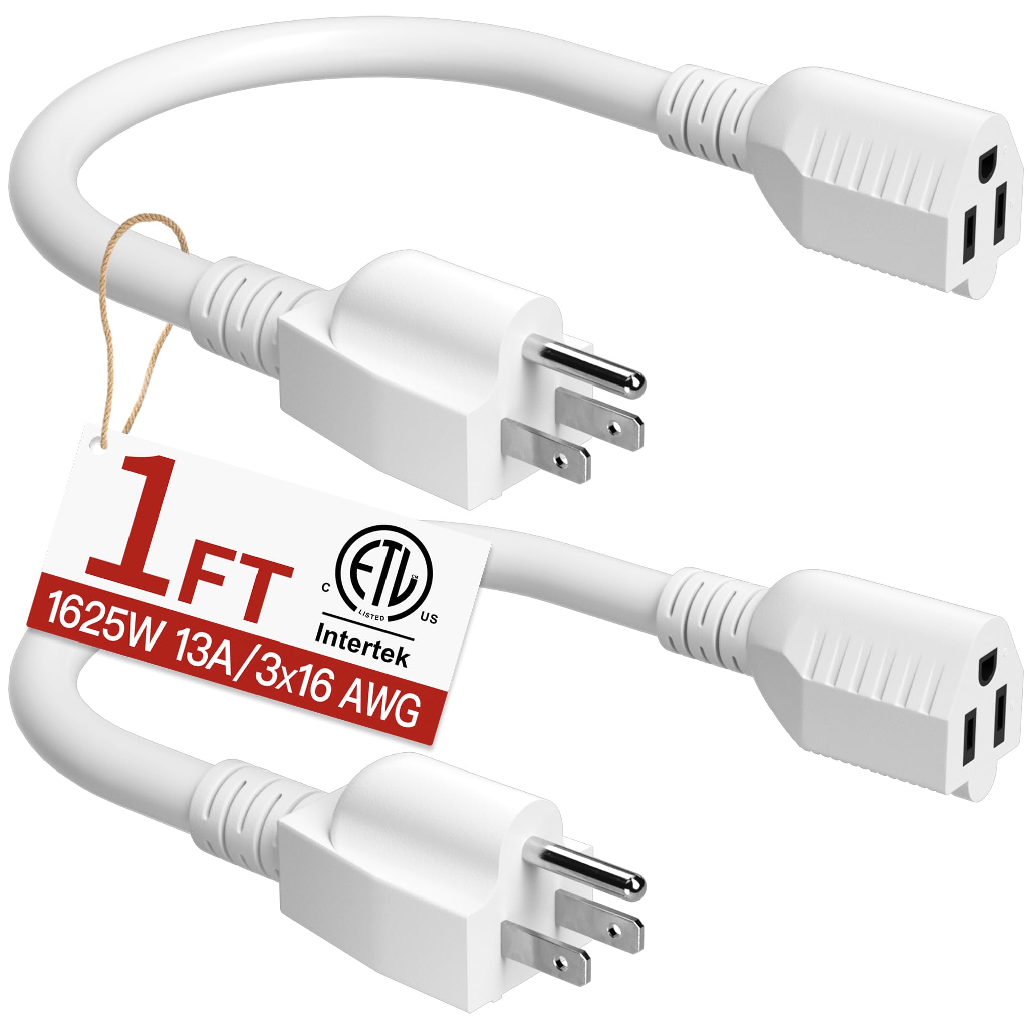 Skrizcable 16/3 Short Extension Cord 1FT 2Pack, White Extension Cord Indoor