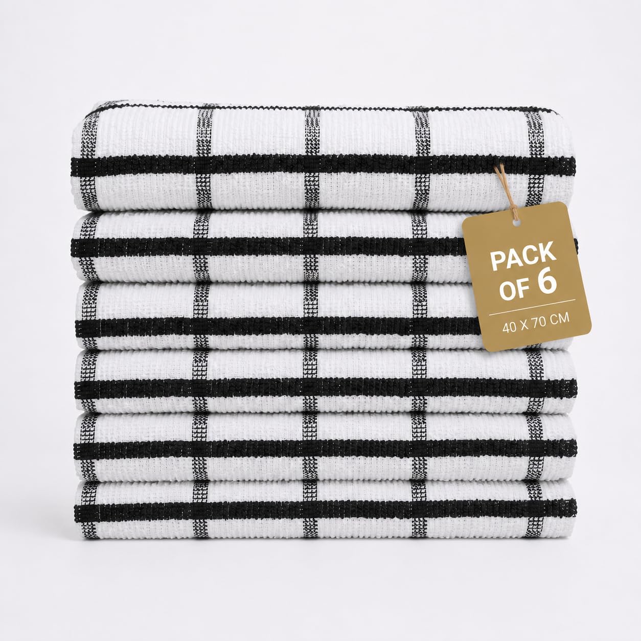 Gift Hub Kitchen Tea Towels Set, 100% Cotton Terry Cleaning Cloths | Highly Absorbent Big Check Towels for Drying Dishes & Glassware, Home Essentials | 40 x 70 cm, Black - Pack of 6