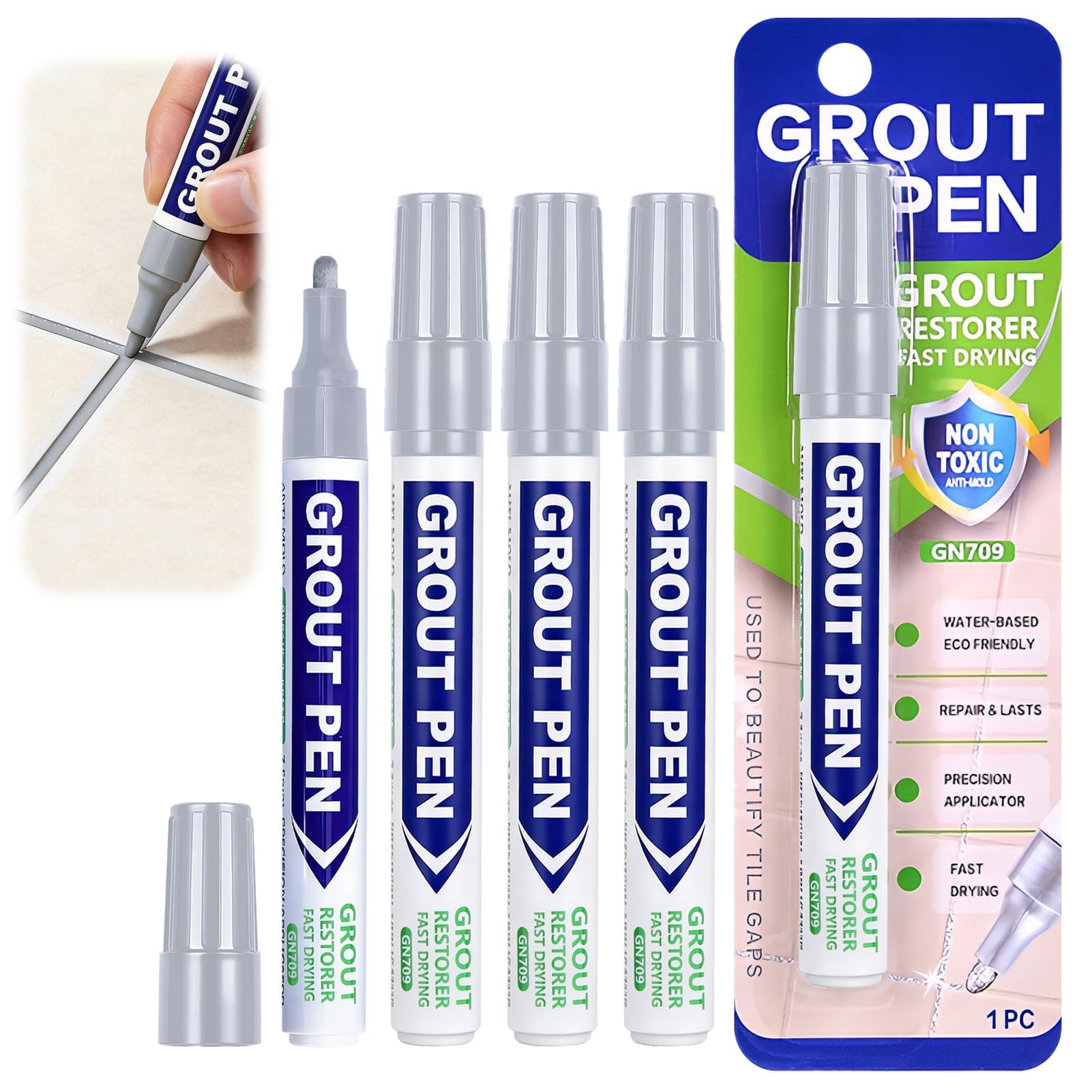 4PCS Grout Pen, Light Grey Tile Paint Marker for Bathrooms Kitchen