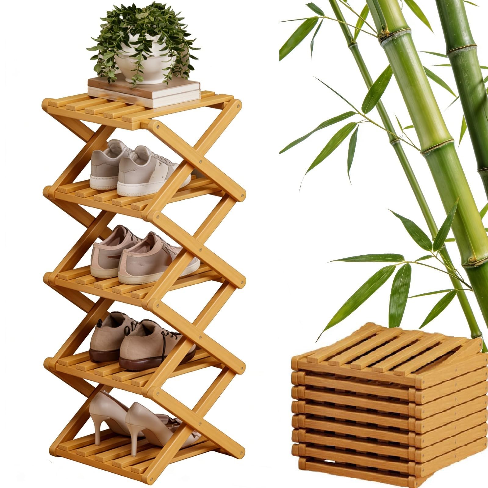 FSLXZPKJ 9-Tier No-Assembly Bamboo Shoe Rack - Foldable Vertical Storage Organizer for Entryway and Closet Light Luxury Appeal