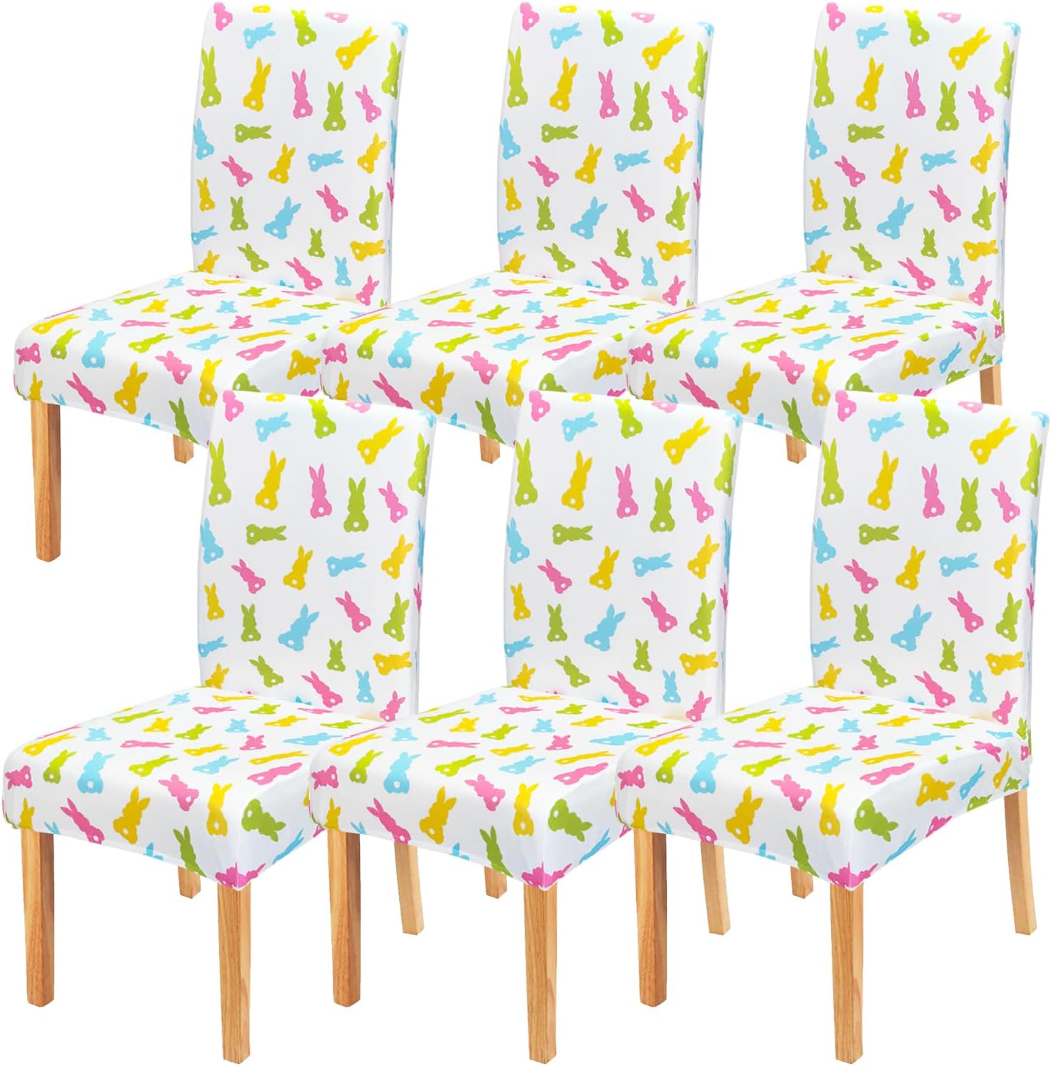 Faptoena Happy Easter Dining Chair Covers Set of 6,Green Pink Blue Bunny Rabbits Parsons Chair slipcovers,Kitchen Spring Summer Decor Chair Seat Cover Protectors(Bunny,6 Pack)