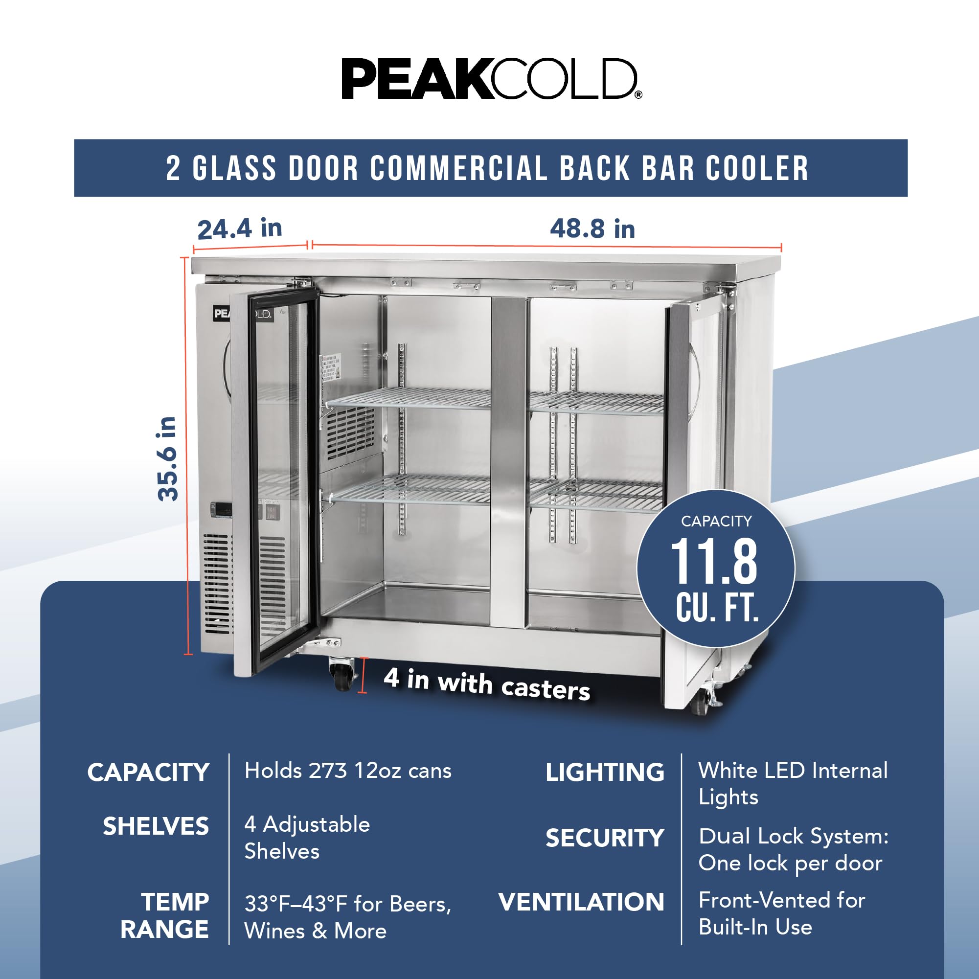 Peakcold 2-Door Counter Height Beverage Refrigerator - 49" Wide Energy Efficient Stainless Steel Beer Fridge With Glass Doors & White LED Lighting - Commercial Back Bar Cooler on Fridge.com - View 6