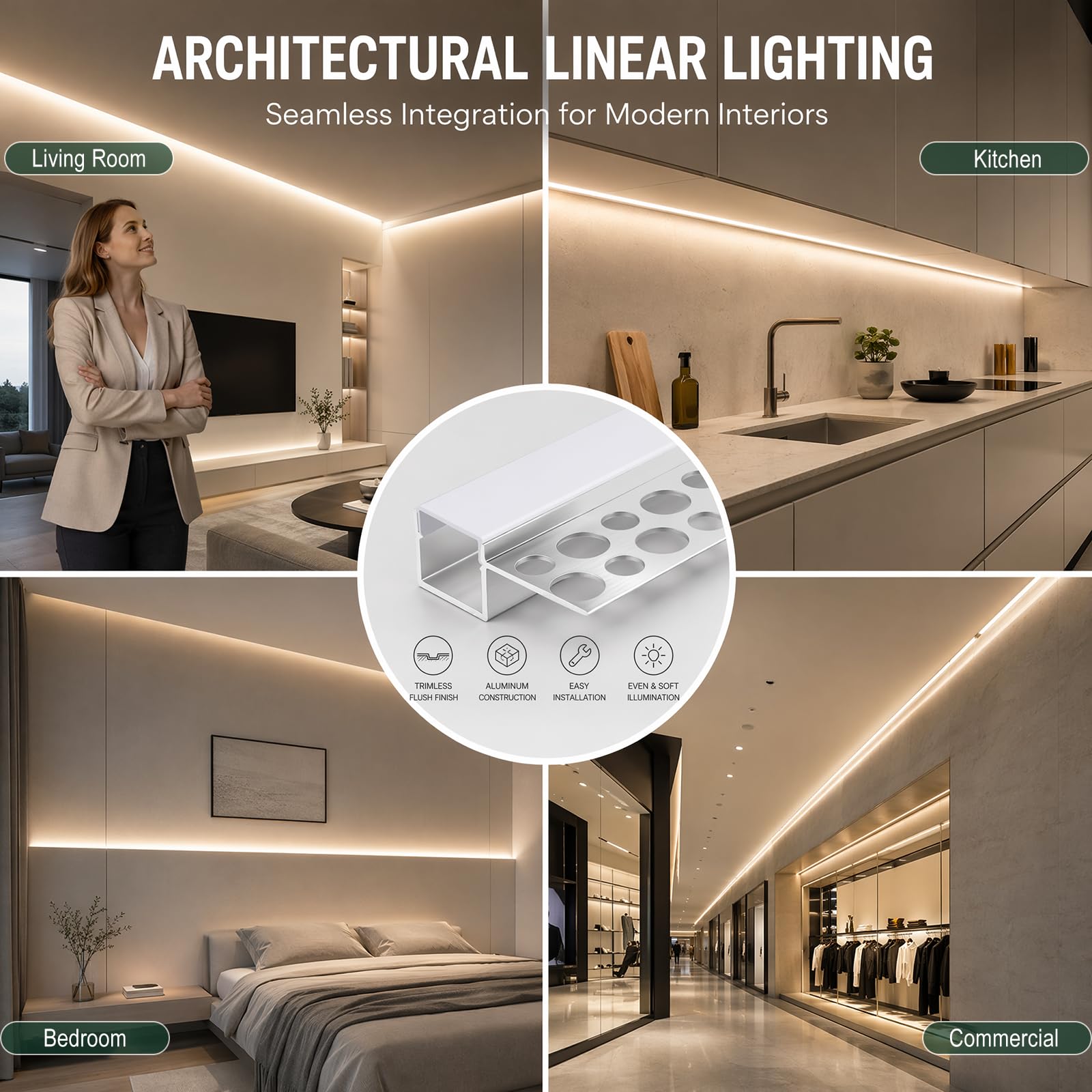 LED Putzprofil 1m 6er Set, flächenbündiges Aluminium Einbauprofil