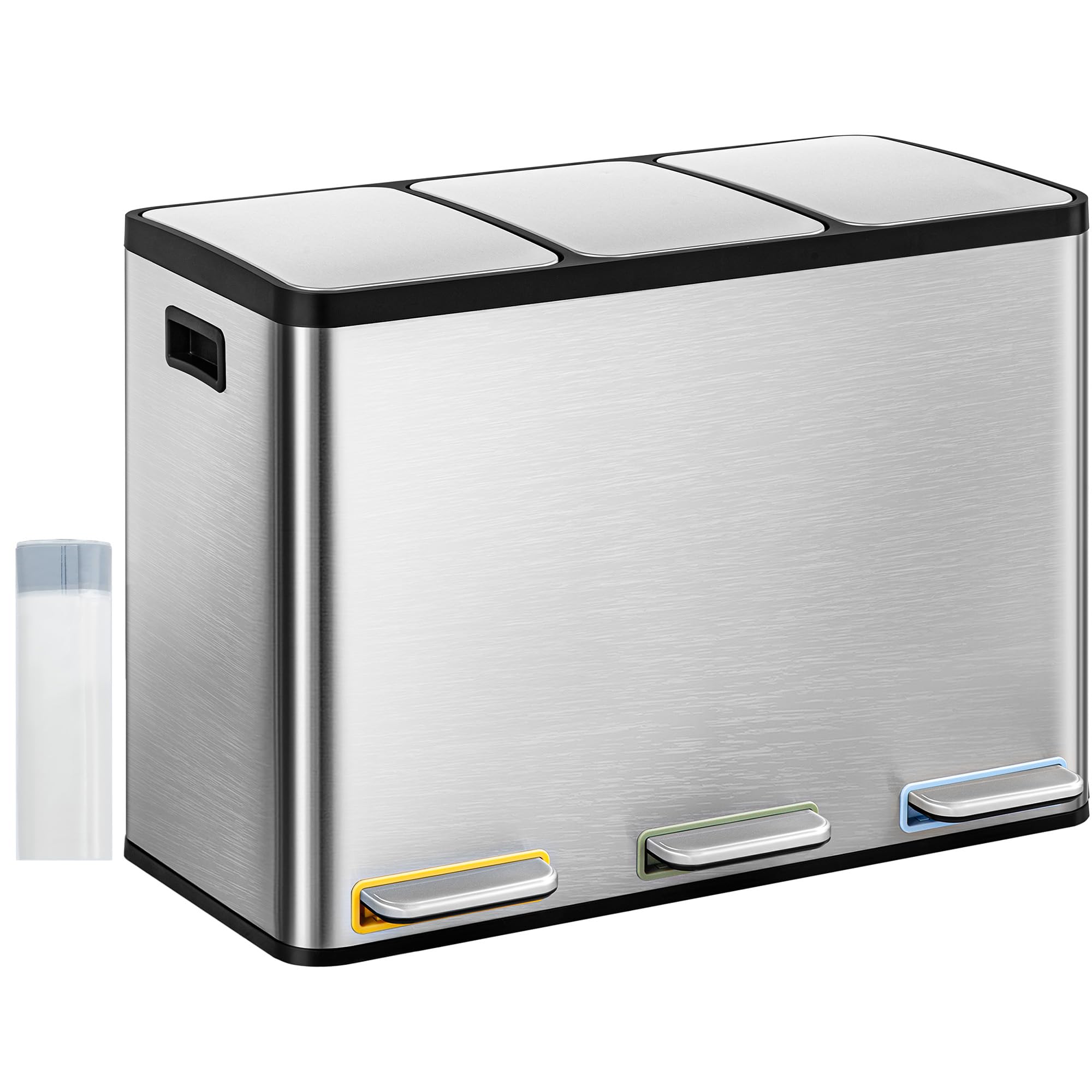 Hzuaneri Mülleimer Küche, Mülltrennsystem 3 Fächer 45L (3 x 15 L), Edelstahl-küchenmülleimer, Tretmülleimer mit Farbcodierbaren Pedalen, Abfalleimer Ruhiger Langsamer Abstieg, Silber SW04599E