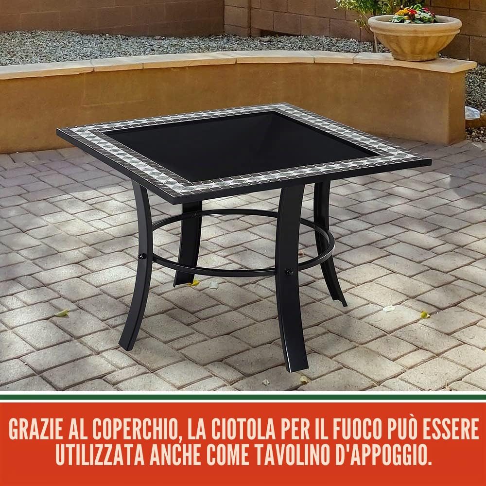 GARDEBRUK® Braciere Quadrato da Esterno Mosaico in Acciaio 76x76cm Parascintille Camino da Giardino Stufa Caminetto Patio