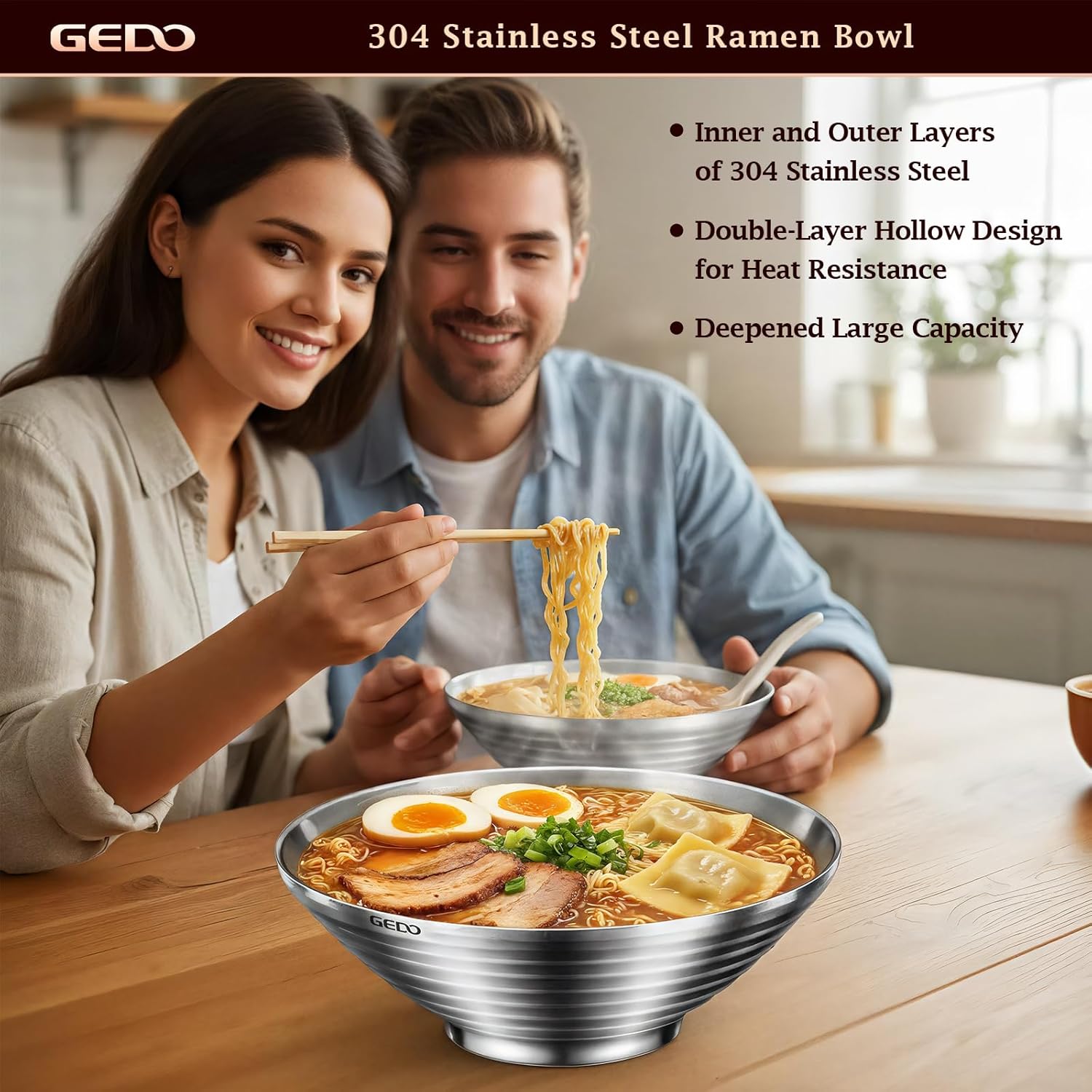 GEDO 304 Stainless Steel Serving Bowl, Double-Layer Heat-Resistant with Modern Ripple Design, Versatile for Soups, Salads & Family Meals, Ideal for Home, Outdoor Use (7.8in / 20cm)