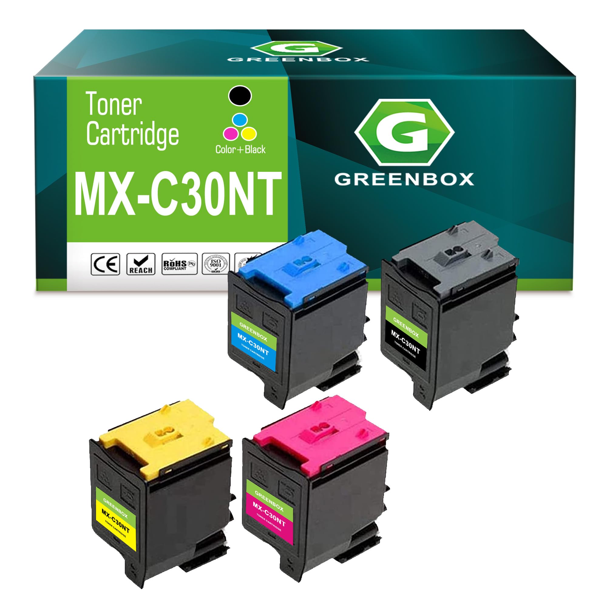GREENBOX Compatible High Yield MX-C30NT Toner Cartridge Replacement for Sharp MX-C30NT MX-C30NT-B MX-C30NT-C MX-C30NT-M MX-C30NT-Y Toner for MX-C250 C300P C300W C301W C303W Printer (4 Pack)